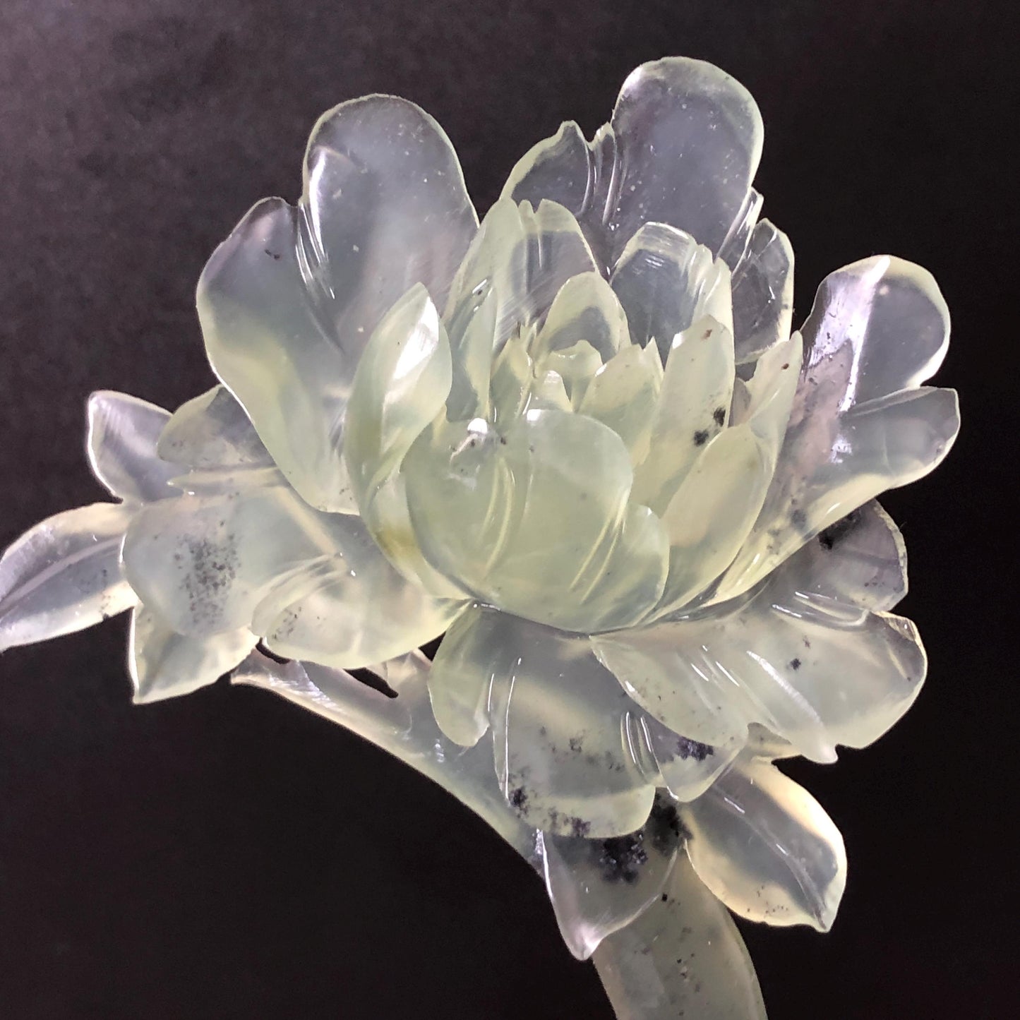 Xiu Jade Serpentine Hand Carved Peony Flower Hair Pin: Certified Natural Ice Green Jade Crescent Moon Hair Stick | Handcrafted Hair Fork Bridal Wedding Headpiece gift for her japanese hairpin korean hair stick chinese hair fork vintage hair comb antique hair pins hanfu hair stick bridal shower hair jewelry wedding headpiece bridal shower gift engagement hair accessory jade carving hand engraved jade hand carved flower jade hairpins untreated natural jade certificate handcraft jade moon hairpin