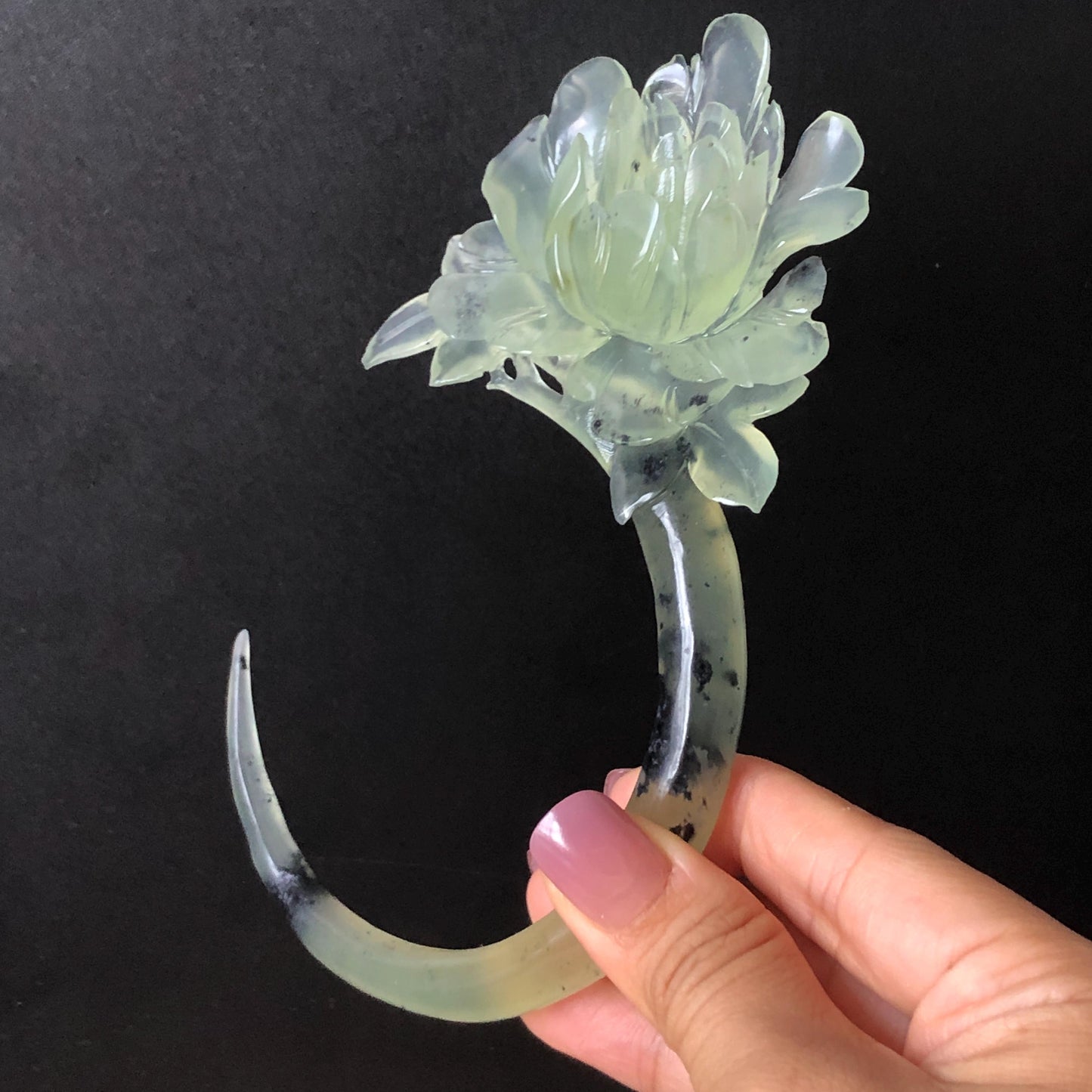 Xiu Jade Serpentine Hand Carved Peony Flower Hair Pin: Certified Natural Ice Green Jade Crescent Moon Hair Stick | Handcrafted Hair Fork Bridal Wedding Headpiece gift for her japanese hairpin korean hair stick chinese hair fork vintage hair comb antique hair pins hanfu hair stick bridal shower hair jewelry wedding headpiece bridal shower gift engagement hair accessory jade carving hand engraved jade hand carved flower jade hairpins untreated natural jade certificate handcraft jade moon hairpin