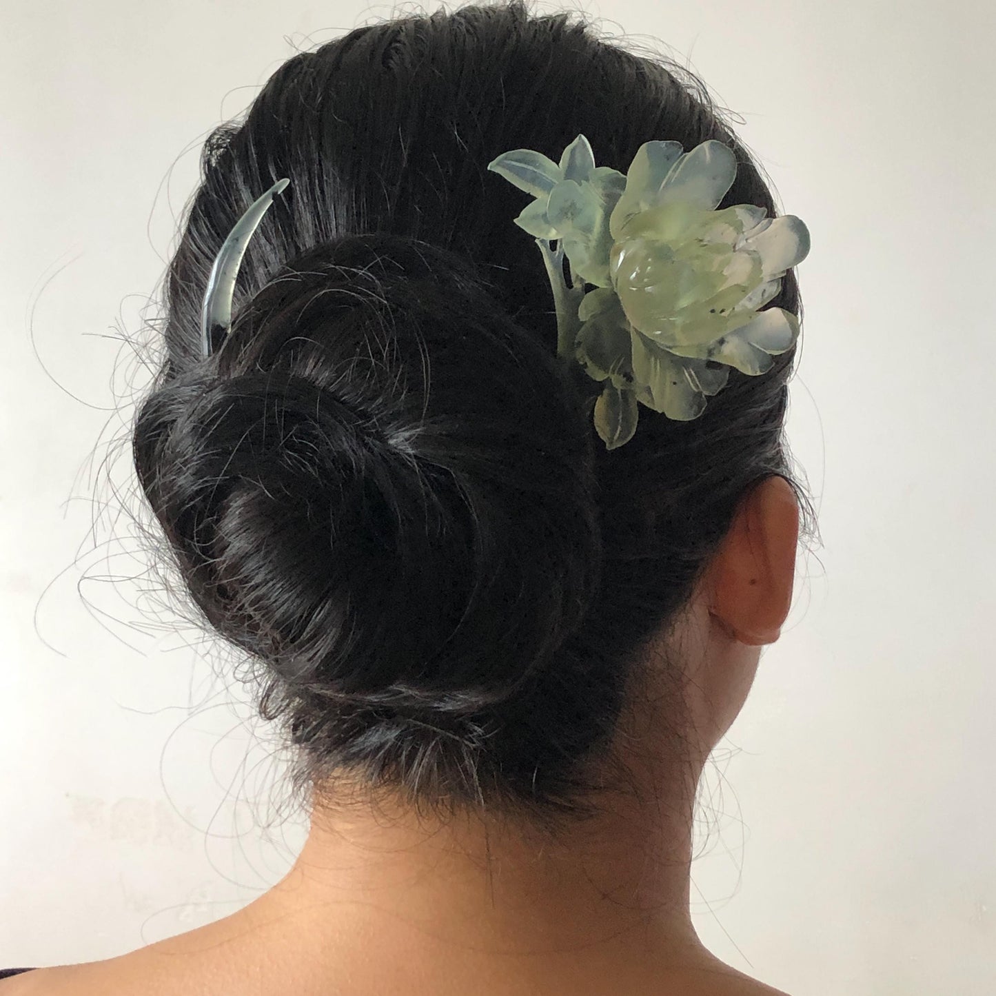 Xiu Jade Serpentine Hand Carved Peony Flower Hair Pin: Certified Natural Ice Green Jade Crescent Moon Hair Stick | Handcrafted Hair Fork Bridal Wedding Headpiece gift for her japanese hairpin korean hair stick chinese hair fork vintage hair comb antique hair pins hanfu hair stick bridal shower hair jewelry wedding headpiece bridal shower gift engagement hair accessory jade carving hand engraved jade hand carved flower jade hairpins untreated natural jade certificate handcraft jade moon hairpin