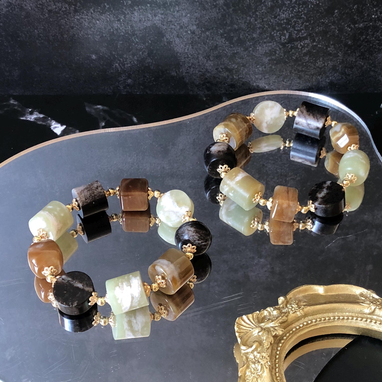 Natural Nephrite Jade Bracelet Milk Tea & Cookies Collection Untreated White Jade Brown Jade Elastic Bracelet Big Bead Bracelet Big Beaded Bracelet Jade Bead Bangle Chinese Jade Vintage Bracelet Antique Bracelet Gift for her Flexible Bracelet with honey brown jade deep brown jade white jade 14k gold plated accessory nephrite beads bold bracelet irregular beads bracelet tailor made bracelet customized bracelet diy bracelet