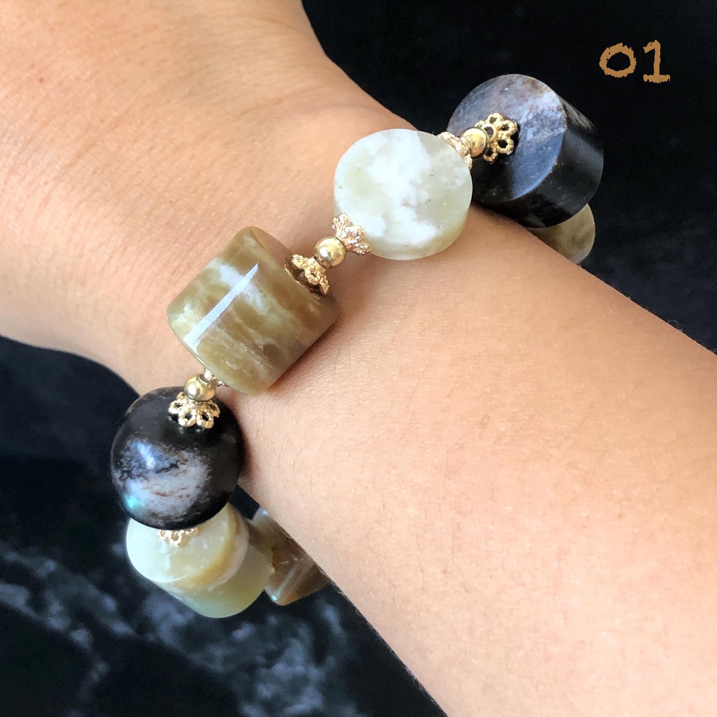 Natural Nephrite Jade Bracelet Milk Tea & Cookies Collection Untreated White Jade Brown Jade Elastic Bracelet Big Bead Bracelet Big Beaded Bracelet Jade Bead Bangle Chinese Jade Vintage Bracelet Antique Bracelet Gift for her Flexible Bracelet with honey brown jade deep brown jade white jade 14k gold plated accessory nephrite beads bold bracelet irregular beads bracelet tailor made bracelet customized bracelet diy bracelet