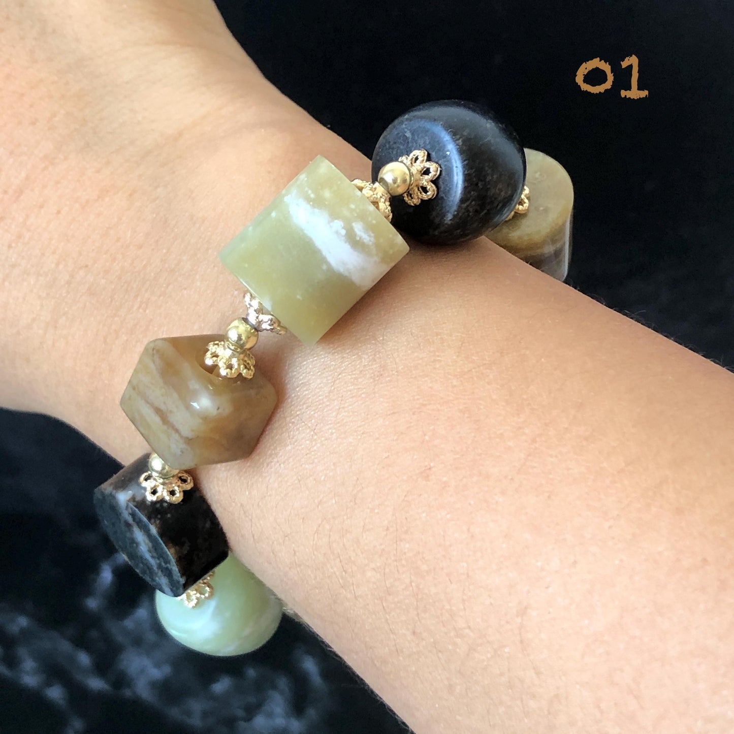 Natural Nephrite Jade Bracelet Milk Tea & Cookies Collection Untreated White Jade Brown Jade Elastic Bracelet Big Bead Bracelet Big Beaded Bracelet Jade Bead Bangle Chinese Jade Vintage Bracelet Antique Bracelet Gift for her Flexible Bracelet with honey brown jade deep brown jade white jade 14k gold plated accessory nephrite beads bold bracelet irregular beads bracelet tailor made bracelet customized bracelet diy bracelet