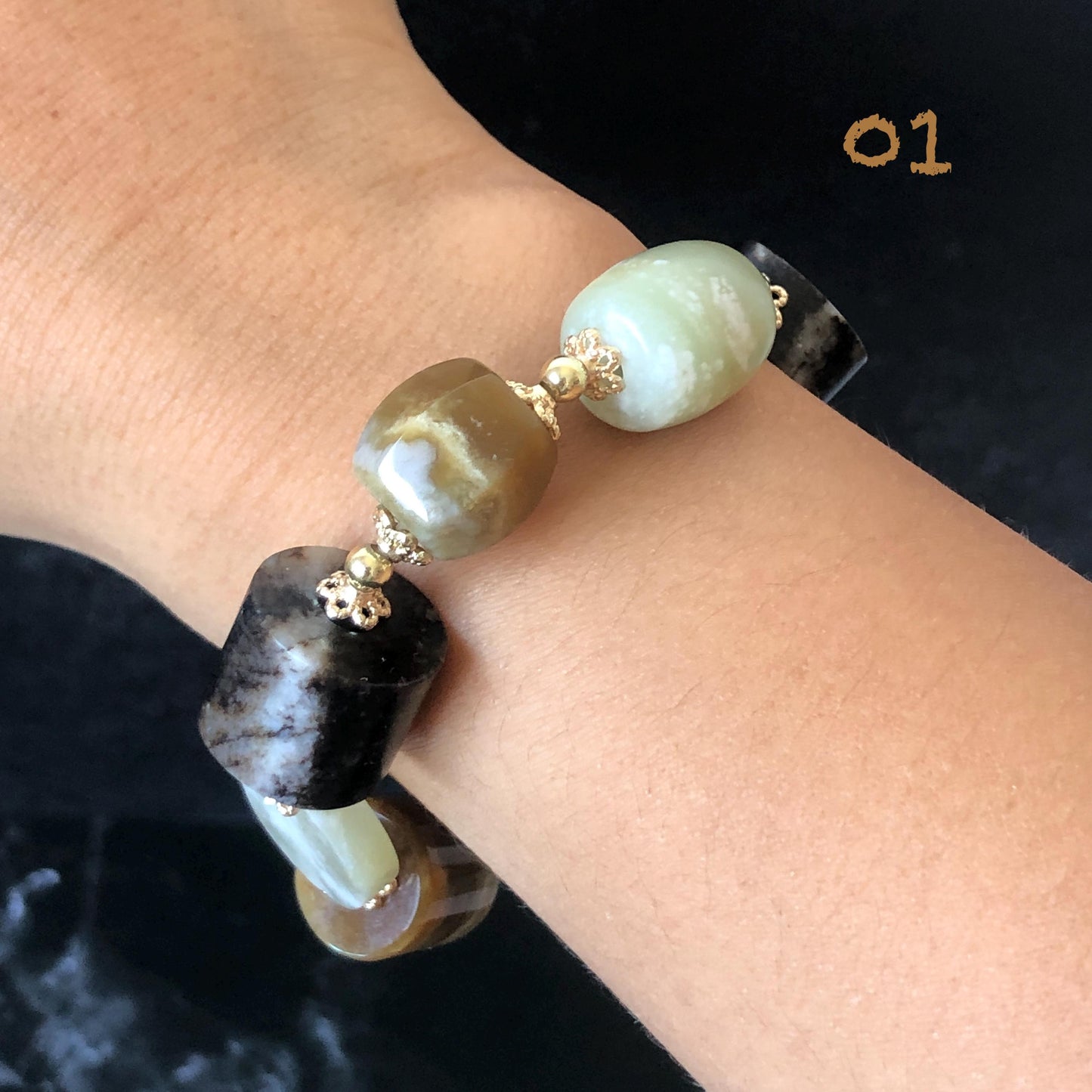 Natural Nephrite Jade Bracelet Milk Tea & Cookies Collection Untreated White Jade Brown Jade Elastic Bracelet Big Bead Bracelet Big Beaded Bracelet Jade Bead Bangle Chinese Jade Vintage Bracelet Antique Bracelet Gift for her Flexible Bracelet with honey brown jade deep brown jade white jade 14k gold plated accessory nephrite beads bold bracelet irregular beads bracelet tailor made bracelet customized bracelet diy bracelet