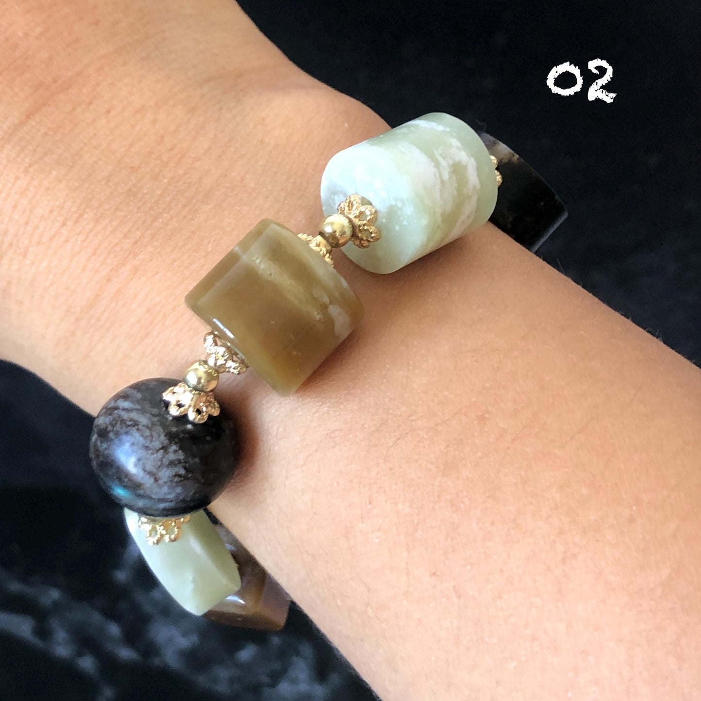 Natural Nephrite Jade Bracelet Milk Tea & Cookies Collection Untreated White Jade Brown Jade Elastic Bracelet Big Bead Bracelet Big Beaded Bracelet Jade Bead Bangle Chinese Jade Vintage Bracelet Antique Bracelet Gift for her Flexible Bracelet with honey brown jade deep brown jade white jade 14k gold plated accessory nephrite beads bold bracelet irregular beads bracelet tailor made bracelet customized bracelet diy bracelet