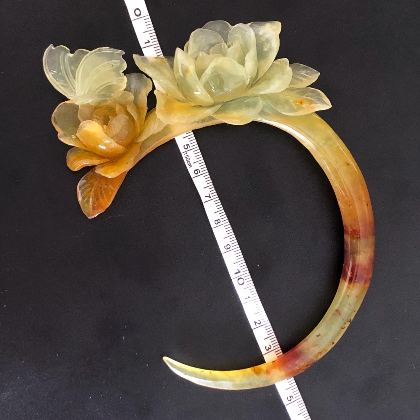 Xiu Jade Serpentine Hand Carved Camellia Flowers & Butterfly Hair Pin: Certified Natural Ice Orange Caramel Yellow Jade Crescent Moon Hair Stick, Hanfu Hair Fork Vintage Bridal Hair Fork Gift for her japanese hairpin korean hair stick chinese hair fork hair comb antique hanfu hair stick bridal shower hair jewelry wedding headpiece bridal shower gift engagement hair accessory jade carving hand engraved jade lotus carving jade hairpins untreated natural jade with certificate butterfly carving