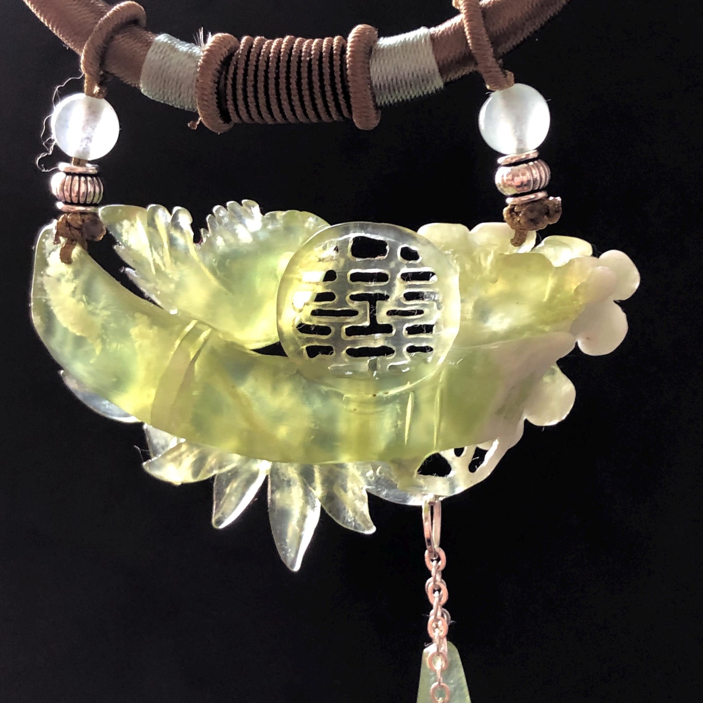Xiu Jade Serpentine Hand Carved Magpie Bird with Flower and Bamboo Pendant Adjustable Necklace: Certified Natural Green White Jade Charm