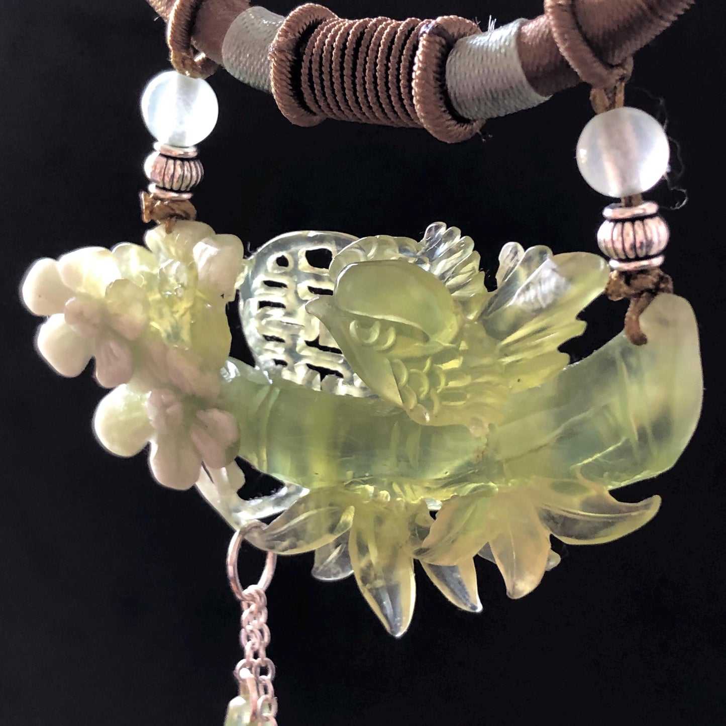 Xiu Jade Serpentine Hand Carved Magpie Bird with Flower and Bamboo Pendant Adjustable Necklace: Certified Natural Green White Jade Charm
