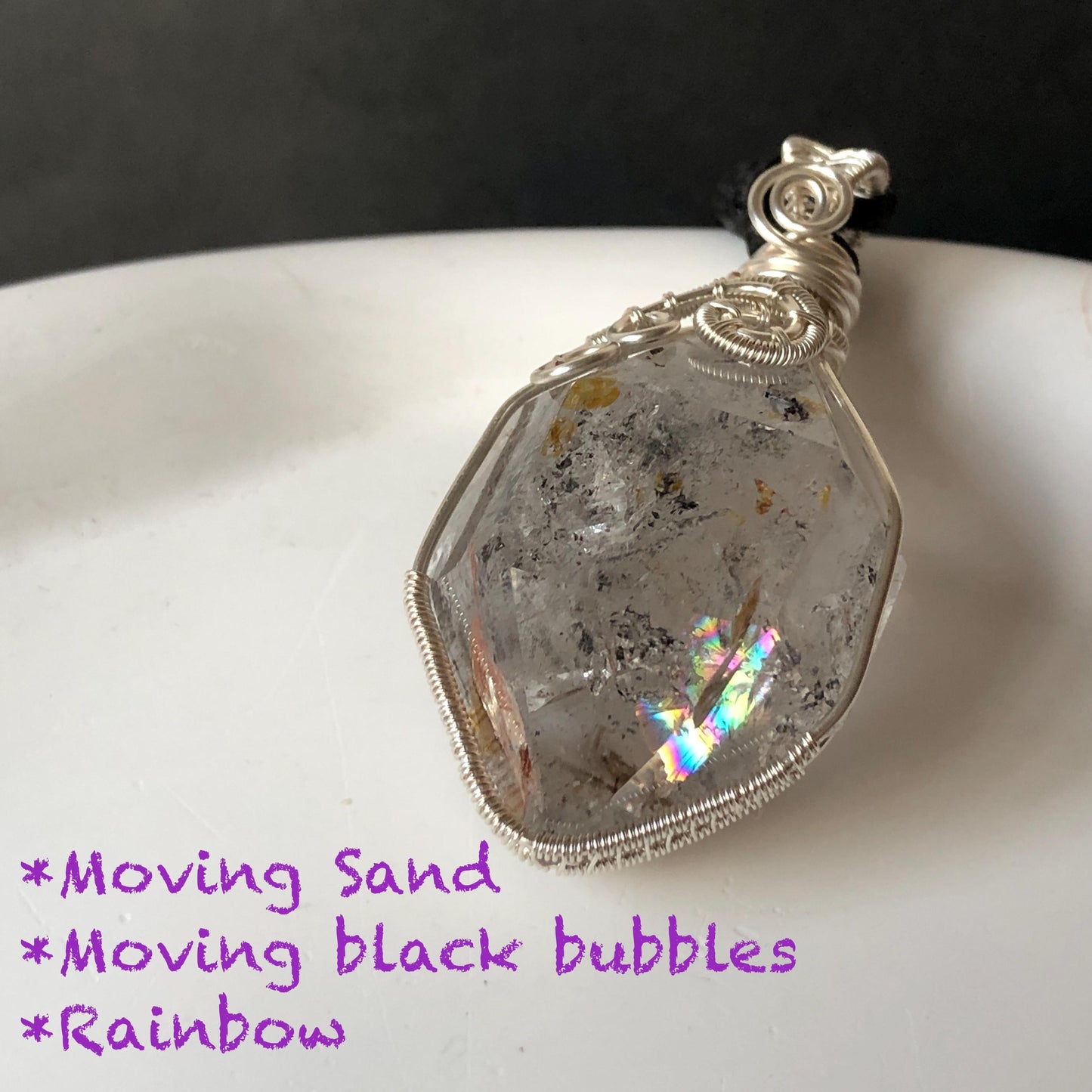 Rare Herkimer Diamond Sterling Silver Pendant Adjustable Necklace | Polished Enhydro Crystal |Big Rainbow! Moving Sand & Mica | Natural Gemstone Birthstone Gift for her | Rainbow Quartz Rainbow crystal enhydro quartz sand water-fall pendant necklace choker gemstone charm stone pendant choker polished stone pendant crystal charm birthstone gift for her men necklace chakra crystal purify stone minerals specimen adjustable choker mica quartz mica flakes silver wire wrapped pendant