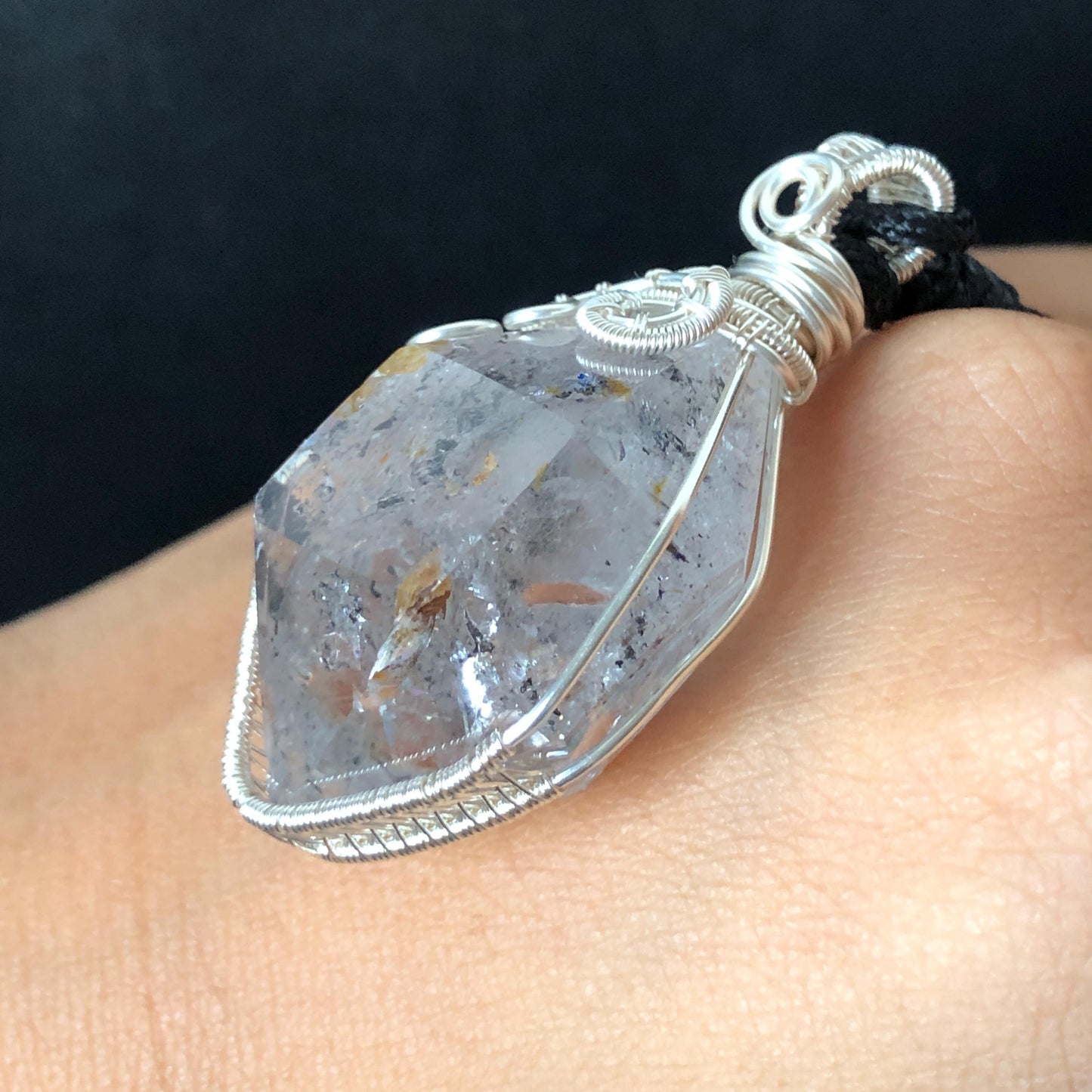 Rare Herkimer Diamond Sterling Silver Pendant Adjustable Necklace | Polished Enhydro Crystal |Big Rainbow! Moving Sand & Mica | Natural Gemstone Birthstone Gift for her | Rainbow Quartz Rainbow crystal enhydro quartz sand water-fall pendant necklace choker gemstone charm stone pendant choker polished stone pendant crystal charm birthstone gift for her men necklace chakra crystal purify stone minerals specimen adjustable choker mica quartz mica flakes silver wire wrapped pendant