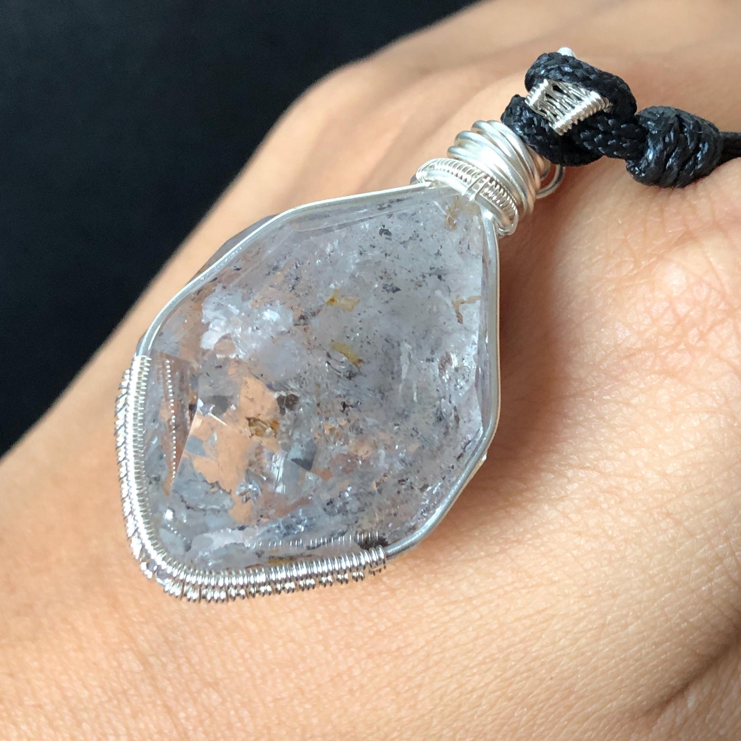 Rare Herkimer Diamond Sterling Silver Pendant Adjustable Necklace | Polished Enhydro Crystal |Big Rainbow! Moving Sand & Mica | Natural Gemstone Birthstone Gift for her | Rainbow Quartz Rainbow crystal enhydro quartz sand water-fall pendant necklace choker gemstone charm stone pendant choker polished stone pendant crystal charm birthstone gift for her men necklace chakra crystal purify stone minerals specimen adjustable choker mica quartz mica flakes silver wire wrapped pendant
