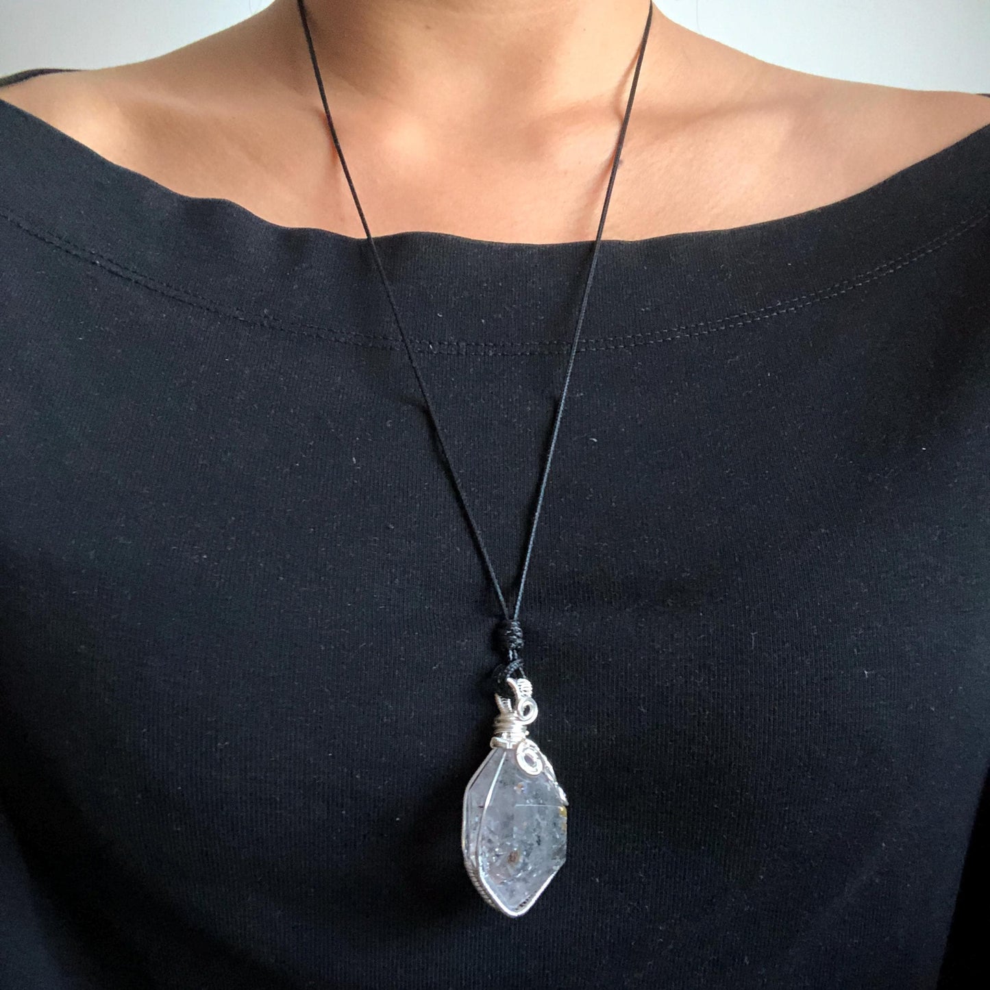Rare Herkimer Diamond Sterling Silver Pendant Adjustable Necklace | Polished Enhydro Crystal |Big Rainbow! Moving Sand & Mica | Natural Gemstone Birthstone Gift for her | Rainbow Quartz Rainbow crystal enhydro quartz sand water-fall pendant necklace choker gemstone charm stone pendant choker polished stone pendant crystal charm birthstone gift for her men necklace chakra crystal purify stone minerals specimen adjustable choker mica quartz mica flakes silver wire wrapped pendant