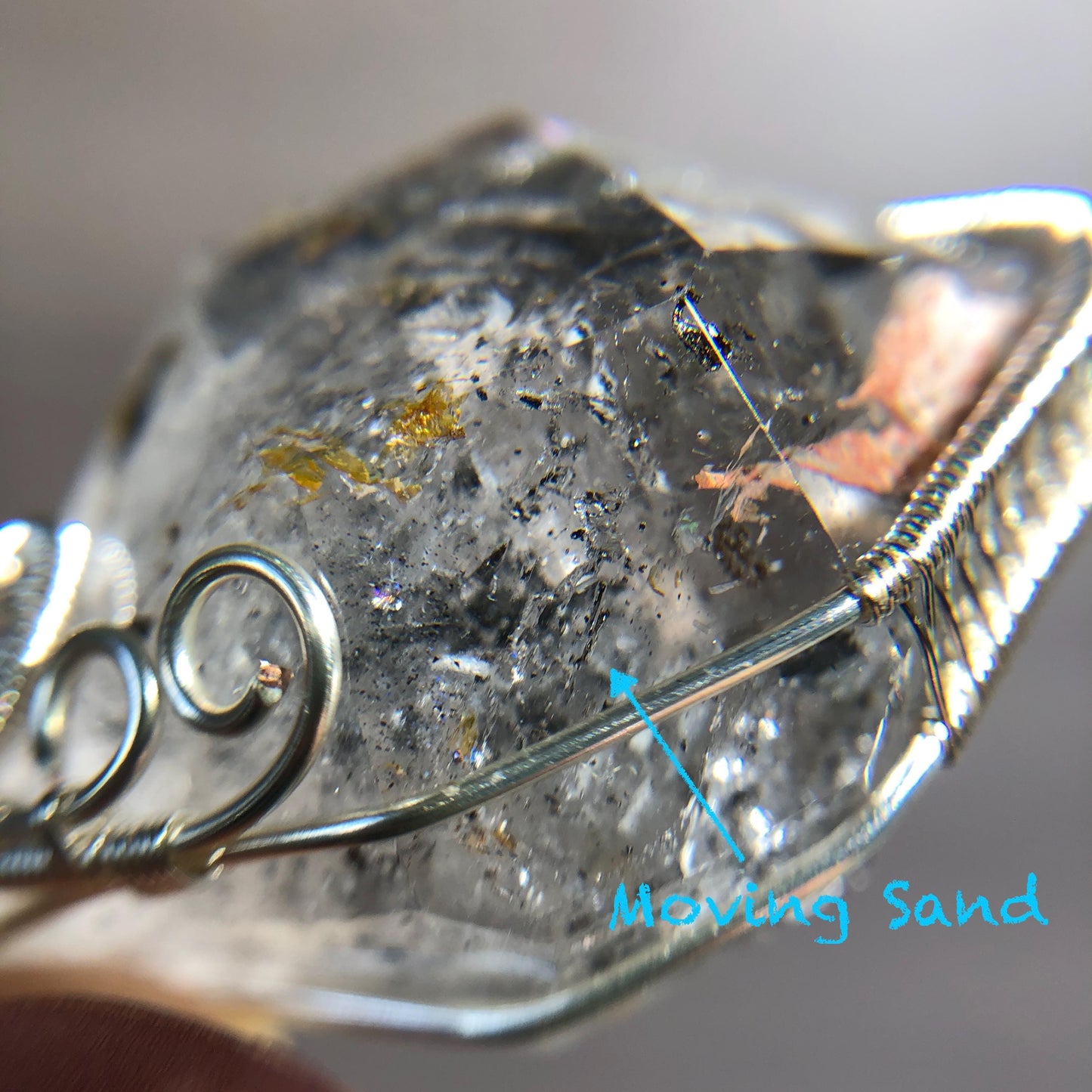 Rare Herkimer Diamond Sterling Silver Pendant Adjustable Necklace | Polished Enhydro Crystal |Big Rainbow! Moving Sand & Mica | Natural Gemstone Birthstone Gift for her | Rainbow Quartz Rainbow crystal enhydro quartz sand water-fall pendant necklace choker gemstone charm stone pendant choker polished stone pendant crystal charm birthstone gift for her men necklace chakra crystal purify stone minerals specimen adjustable choker mica quartz mica flakes silver wire wrapped pendant
