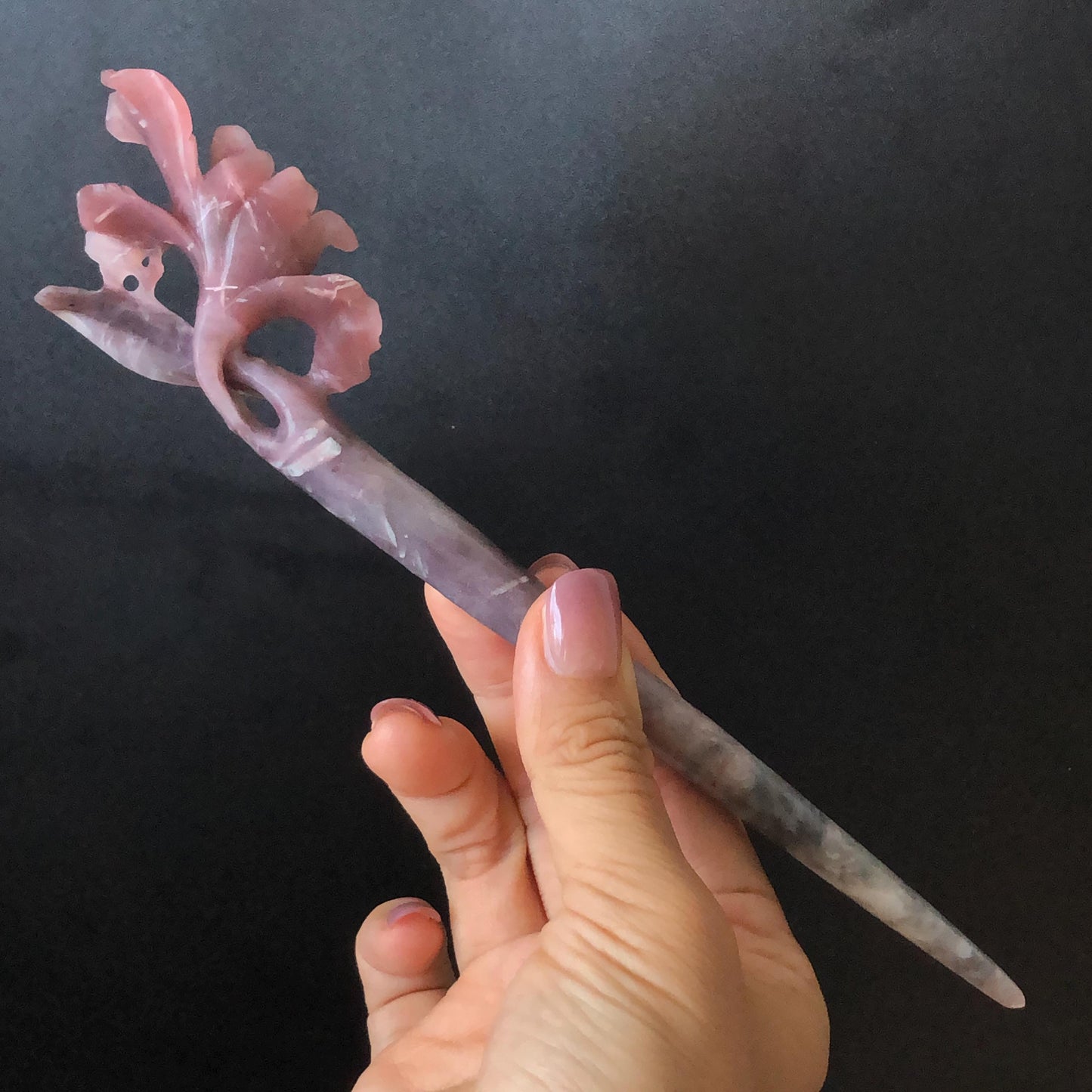 Xiu Jade Serpentine Hand Carved Iris Flower Hair Pin: Natural Black Purple Pink Jade Hair Stick, Asian Vintage Hair Fork Asian Chinses Vintage Style Gift for her, pink jade hairpin black jade purple jade hair comb grey jade hair fork korean hair pin japanese hair stick bridal hairpin wedding hair clip hanfu hairpin mother day gift jade carving bridal headpiece wedding hair jewelry bridal shower gift hair accessory iris carving flower carving 3D stone carving