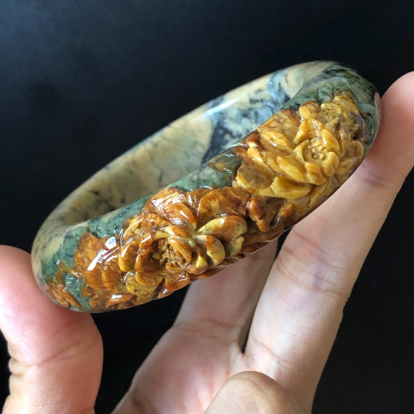 54.7mm Xiu Jade Serpentine Hand Carved Peony Flowers Bangle: Natural Brown Yellow Green Jade Handcrafted Bracelet, Stone Carving Gemstone Jewelry Gift for her wide jade bangle jade carving hand engraved stone carving natural untreated jade bracelet green jade yellow jade brown jade handcraft jade peony carving flower carving chinese jade vintage bangle antique bracelet