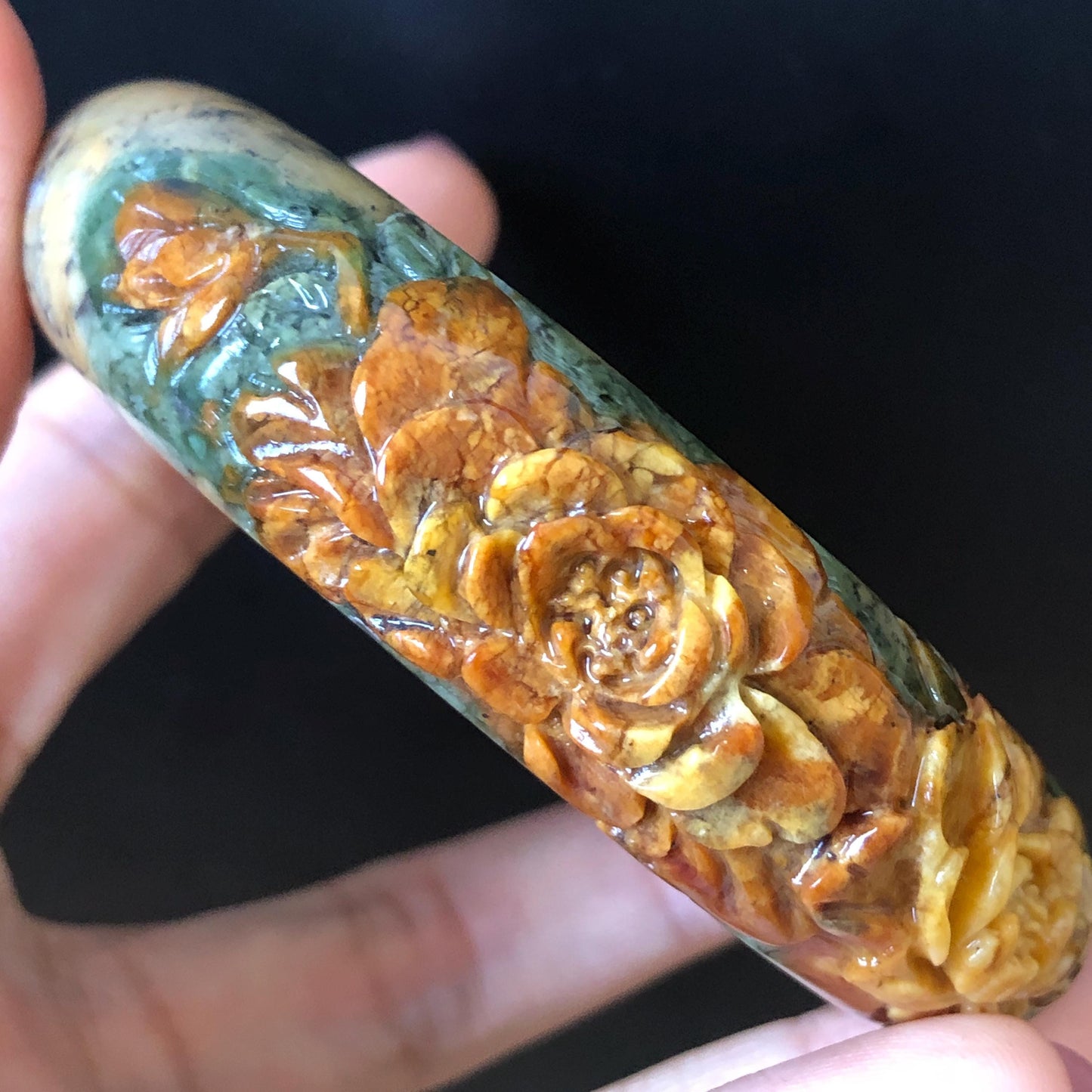 54.7mm Xiu Jade Serpentine Hand Carved Peony Flowers Bangle: Natural Brown Yellow Green Jade Handcrafted Bracelet, Stone Carving Gemstone Jewelry Gift for her wide jade bangle jade carving hand engraved stone carving natural untreated jade bracelet green jade yellow jade brown jade handcraft jade peony carving flower carving chinese jade vintage bangle antique bracelet