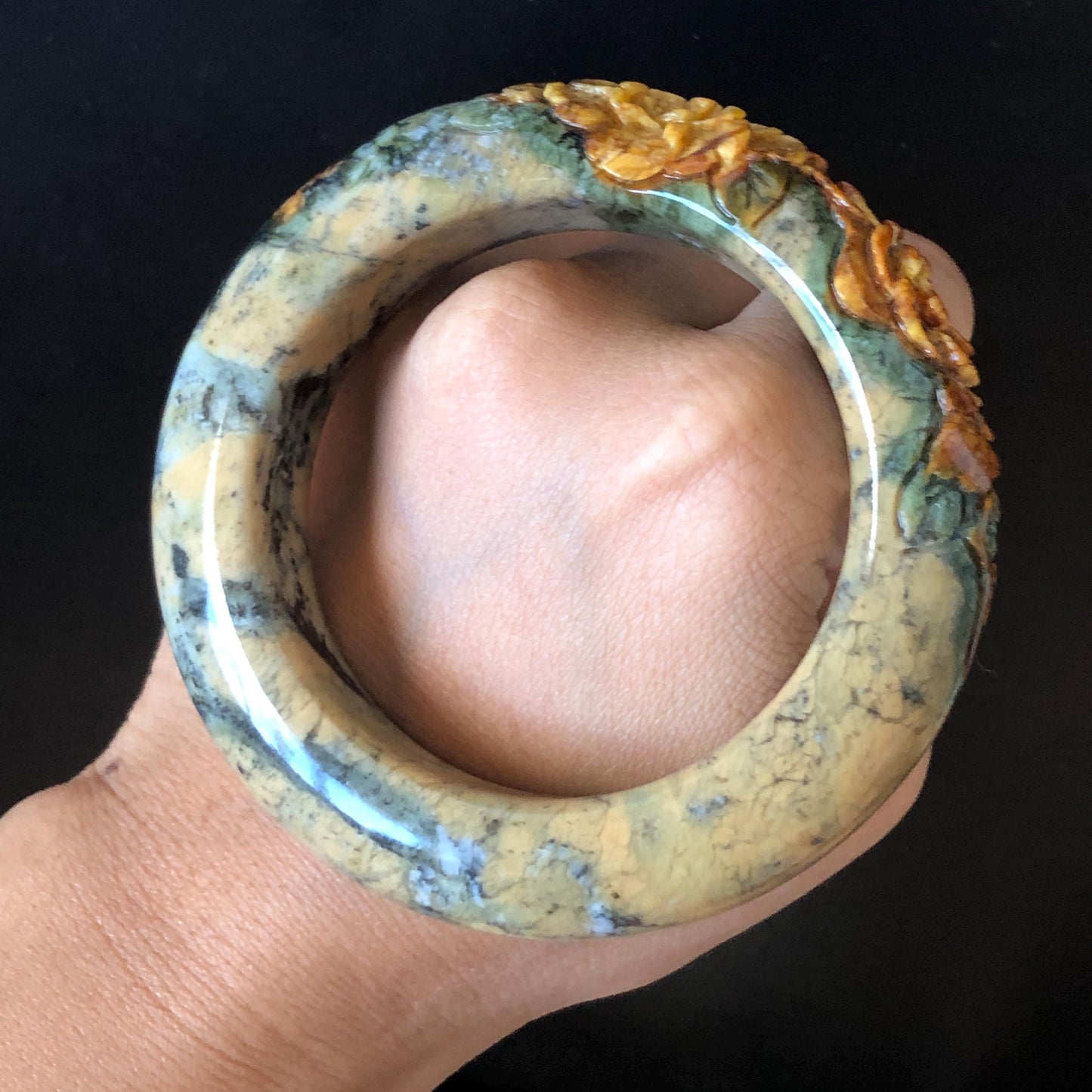 54.7mm Xiu Jade Serpentine Hand Carved Peony Flowers Bangle: Natural Brown Yellow Green Jade Handcrafted Bracelet, Stone Carving Gemstone Jewelry Gift for her wide jade bangle jade carving hand engraved stone carving natural untreated jade bracelet green jade yellow jade brown jade handcraft jade peony carving flower carving chinese jade vintage bangle antique bracelet