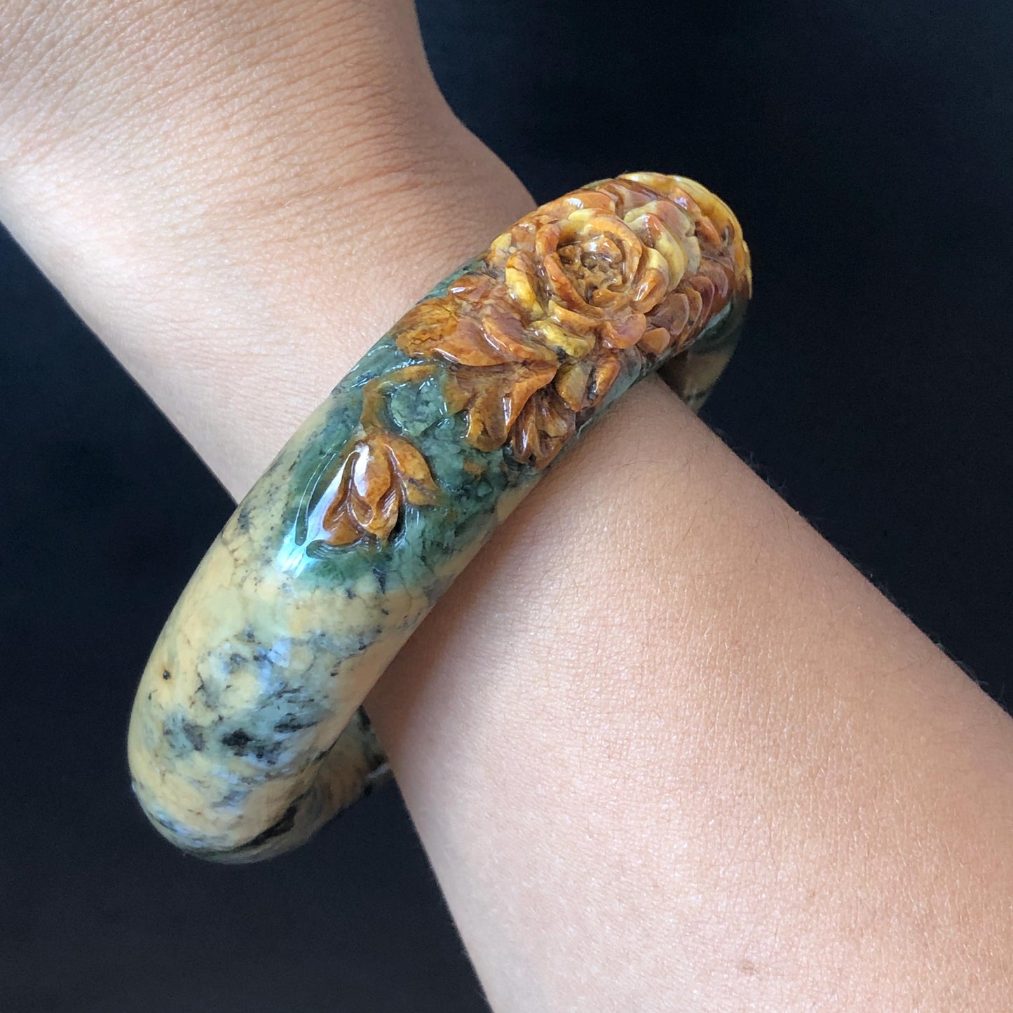 54.7mm Xiu Jade Serpentine Hand Carved Peony Flowers Bangle: Natural Brown Yellow Green Jade Handcrafted Bracelet, Stone Carving Gemstone Jewelry Gift for her wide jade bangle jade carving hand engraved stone carving natural untreated jade bracelet green jade yellow jade brown jade handcraft jade peony carving flower carving chinese jade vintage bangle antique bracelet
