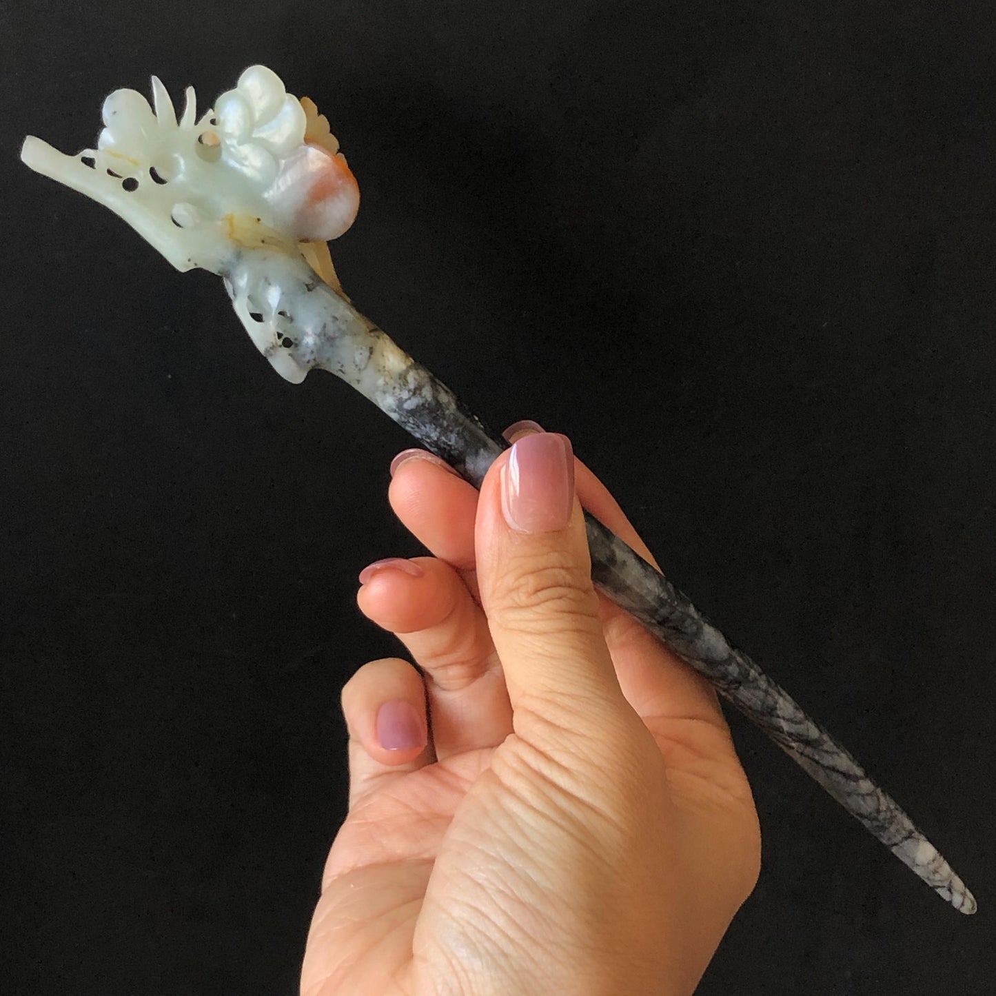CXiu Jade Serpentine Hand Carved Crane Bird, Pine Tree & Sun Hair Pin: Certified Natural Gray Red White Jade Hair Stick, Vintage Antique Hair Jewelry | Asian Chinese Vintage Gift for her, white jade carving red jade black jade bird carving flower carving hand carved flower hand engraved bird certificate jade certified natural untreated jade korean hairpin japanese hair stick chinese hair comb vinatge hair fork bridal hair clip wedding hair pin engagement hair stick crane carving