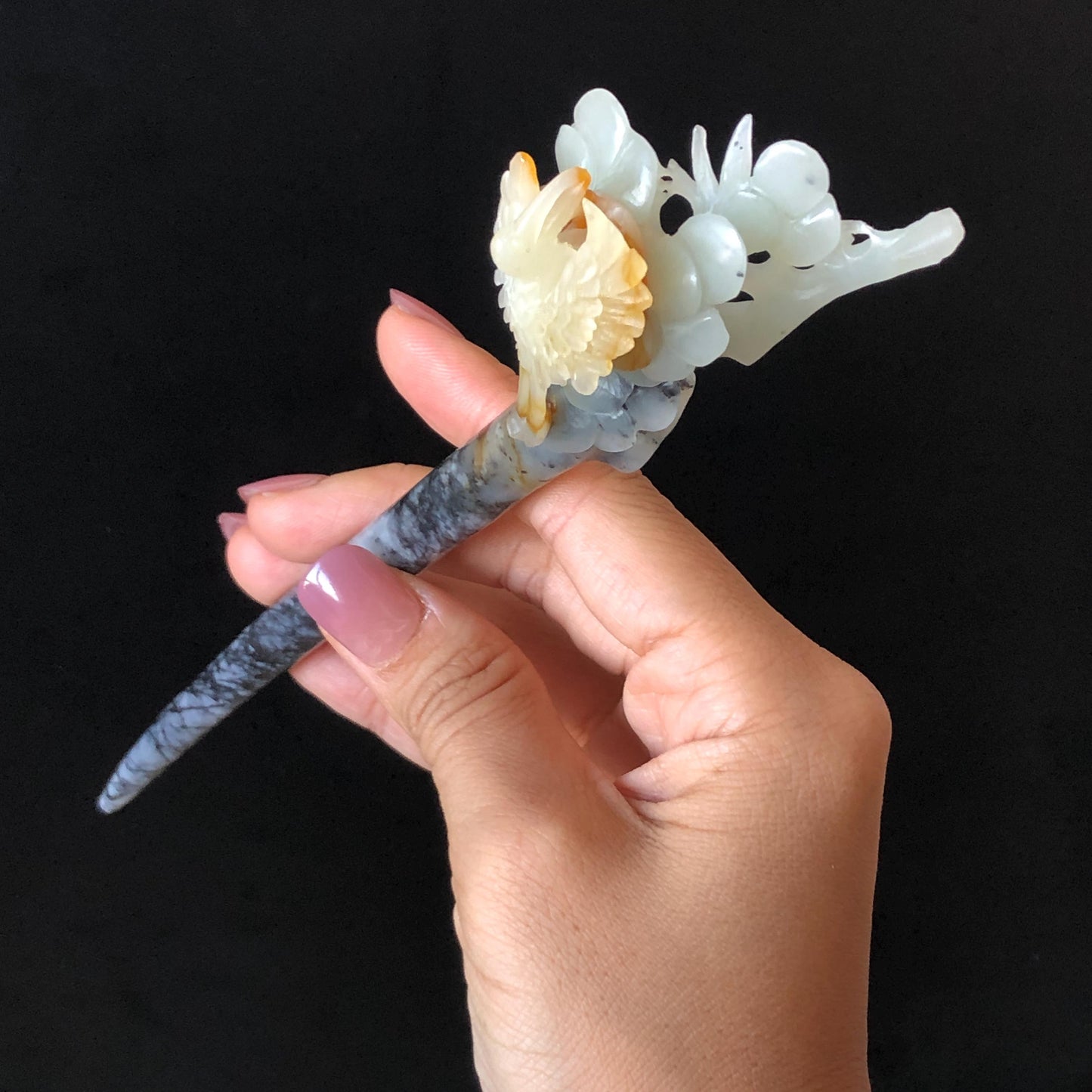 CXiu Jade Serpentine Hand Carved Crane Bird, Pine Tree & Sun Hair Pin: Certified Natural Gray Red White Jade Hair Stick, Vintage Antique Hair Jewelry | Asian Chinese Vintage Gift for her, white jade carving red jade black jade bird carving flower carving hand carved flower hand engraved bird certificate jade certified natural untreated jade korean hairpin japanese hair stick chinese hair comb vinatge hair fork bridal hair clip wedding hair pin engagement hair stick crane carving
