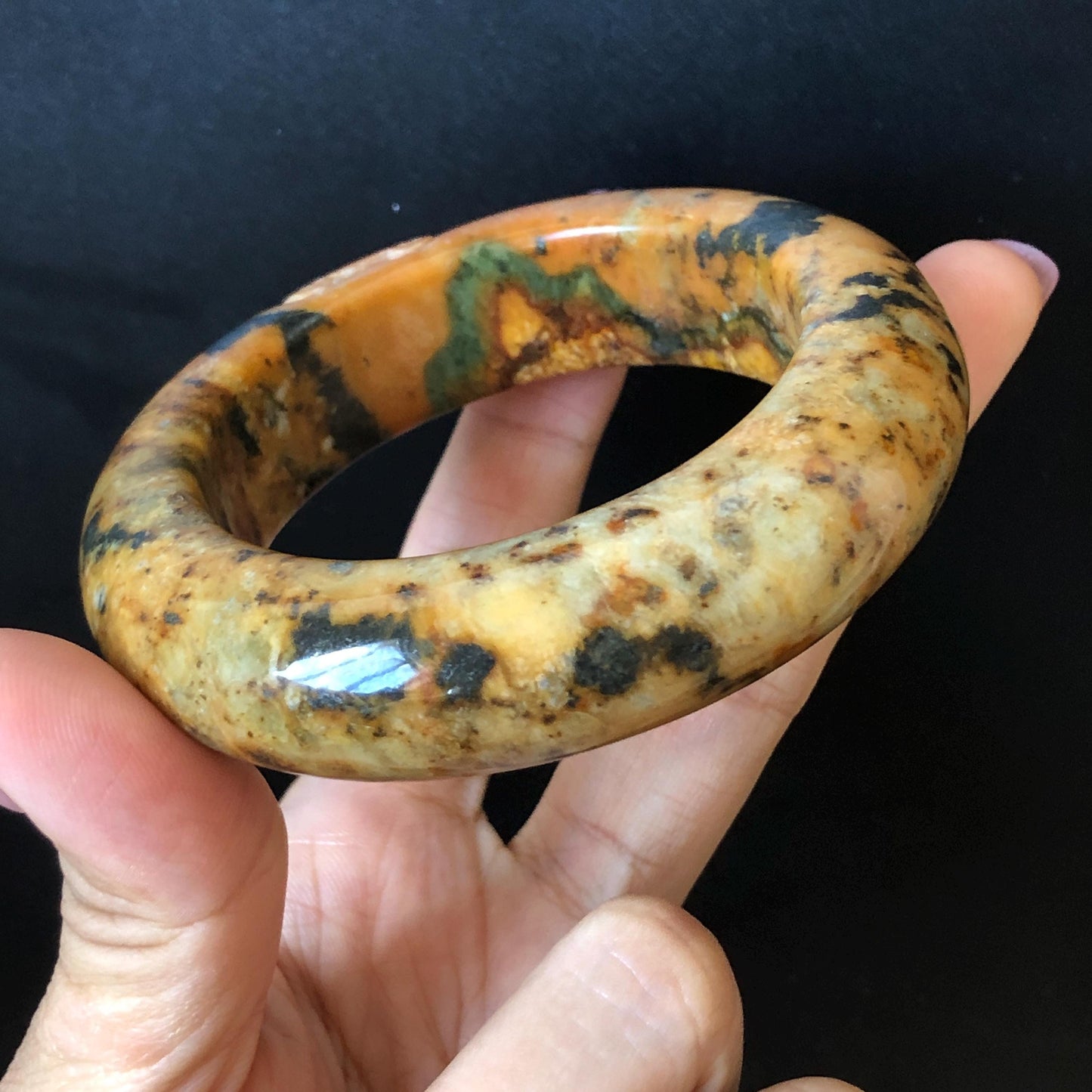 54.7mm Xiu Jade Serpentine Hand Carved Strawberry Bear Bangle: Natural Brown Green Jade Handcrafted Leopard style Bracelet, Stone Carving Gemstone Jewelry, Stone Carving Gemstone Jewelry Gift for her wide jade bangle jade carving hand engraved stone carving natural untreated jade bracelet green jade brown jade handcraft jade chinese jade vintage bangle antique bracelet bear carving bear lover gift strawberry bracelet