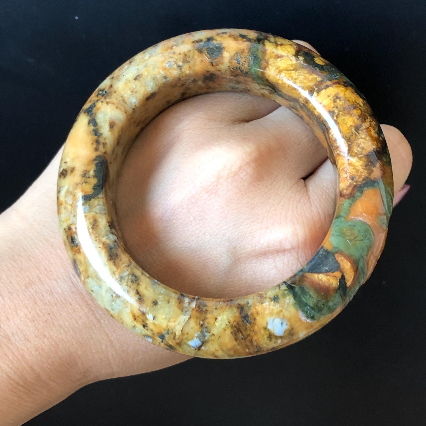 54.7mm Xiu Jade Serpentine Hand Carved Strawberry Bear Bangle: Natural Brown Green Jade Handcrafted Leopard style Bracelet, Stone Carving Gemstone Jewelry, Stone Carving Gemstone Jewelry Gift for her wide jade bangle jade carving hand engraved stone carving natural untreated jade bracelet green jade brown jade handcraft jade chinese jade vintage bangle antique bracelet bear carving bear lover gift strawberry bracelet
