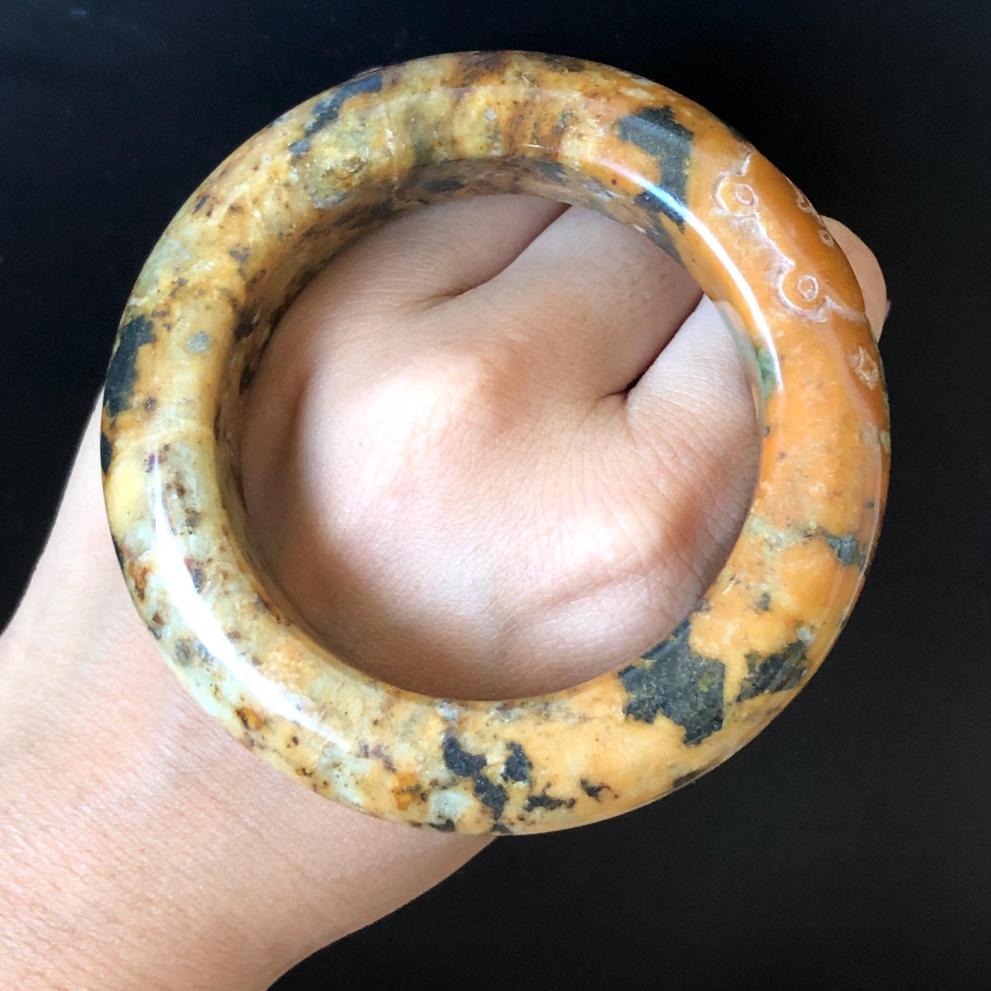 54.7mm Xiu Jade Serpentine Hand Carved Strawberry Bear Bangle: Natural Brown Green Jade Handcrafted Leopard style Bracelet, Stone Carving Gemstone Jewelry, Stone Carving Gemstone Jewelry Gift for her wide jade bangle jade carving hand engraved stone carving natural untreated jade bracelet green jade brown jade handcraft jade chinese jade vintage bangle antique bracelet bear carving bear lover gift strawberry bracelet