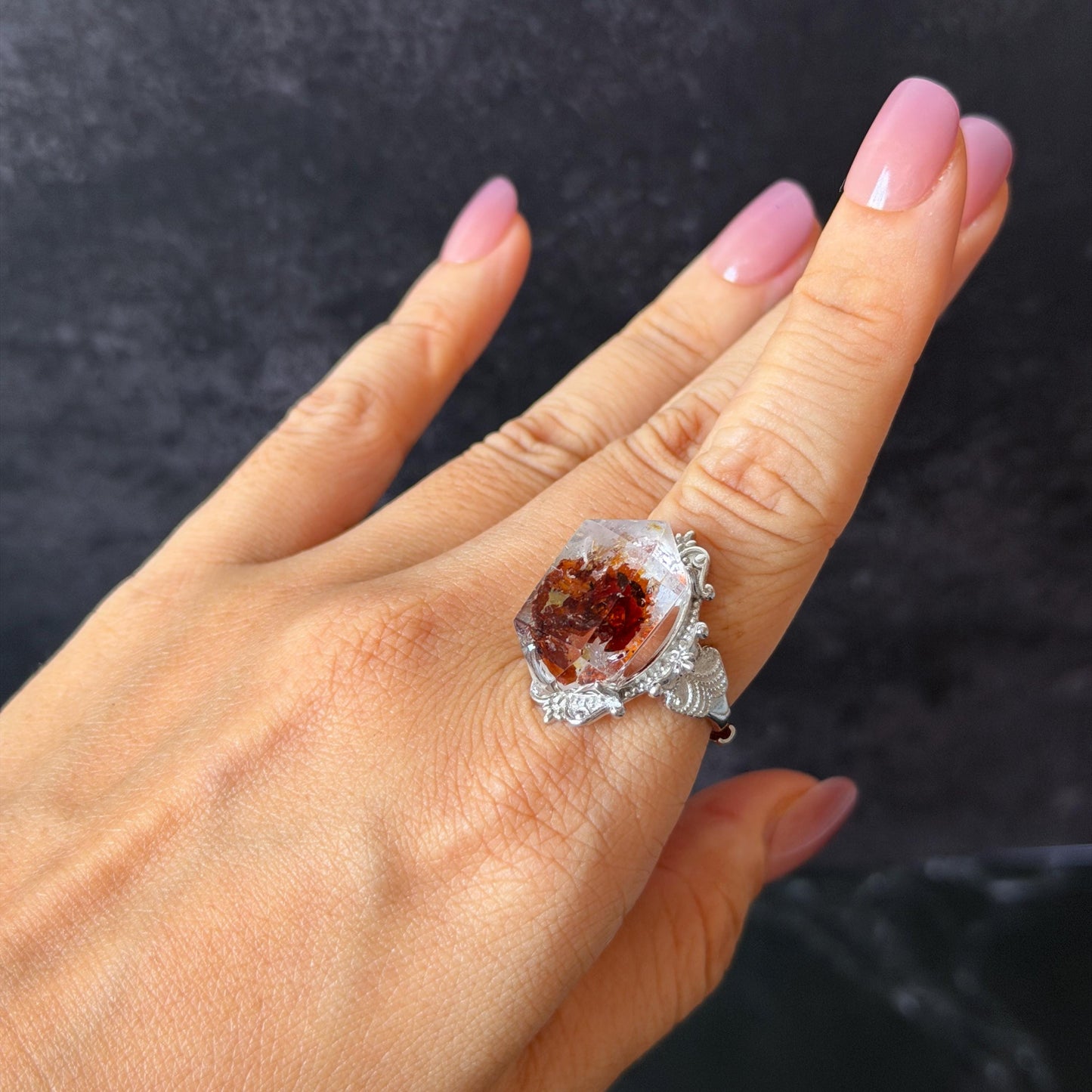 Polished Petroleum Enhydro Quartz S925 Sliver Adjustable Statement Ring: Moving Bubble in Golden Red Petroleum Oil Inclusion | Natural Gemstone Birthstone Gift for her golden red oil enhydro quartz cocktail ring for women bold ring for men meditation rock healing stone chakra crystal big size ring crystal band ring herkimer diamond silver ring