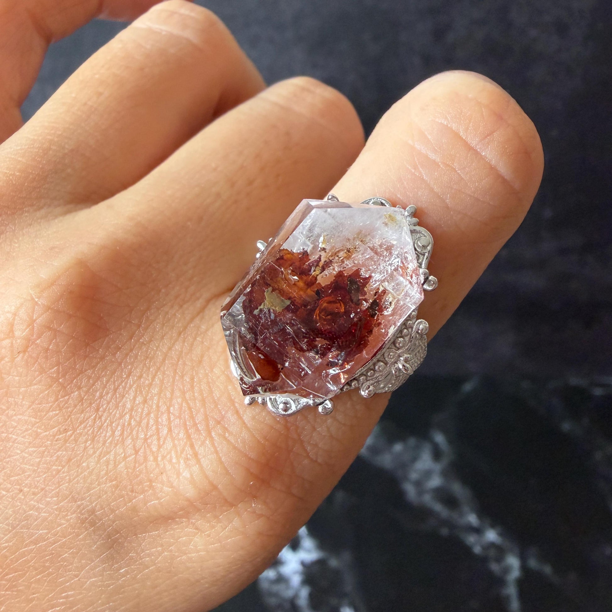 Polished Petroleum Enhydro Quartz S925 Sliver Adjustable Statement Ring: Moving Bubble in Golden Red Petroleum Oil Inclusion | Natural Gemstone Birthstone Gift for her golden red oil enhydro quartz cocktail ring for women bold ring for men meditation rock healing stone chakra crystal big size ring crystal band ring herkimer diamond silver ring