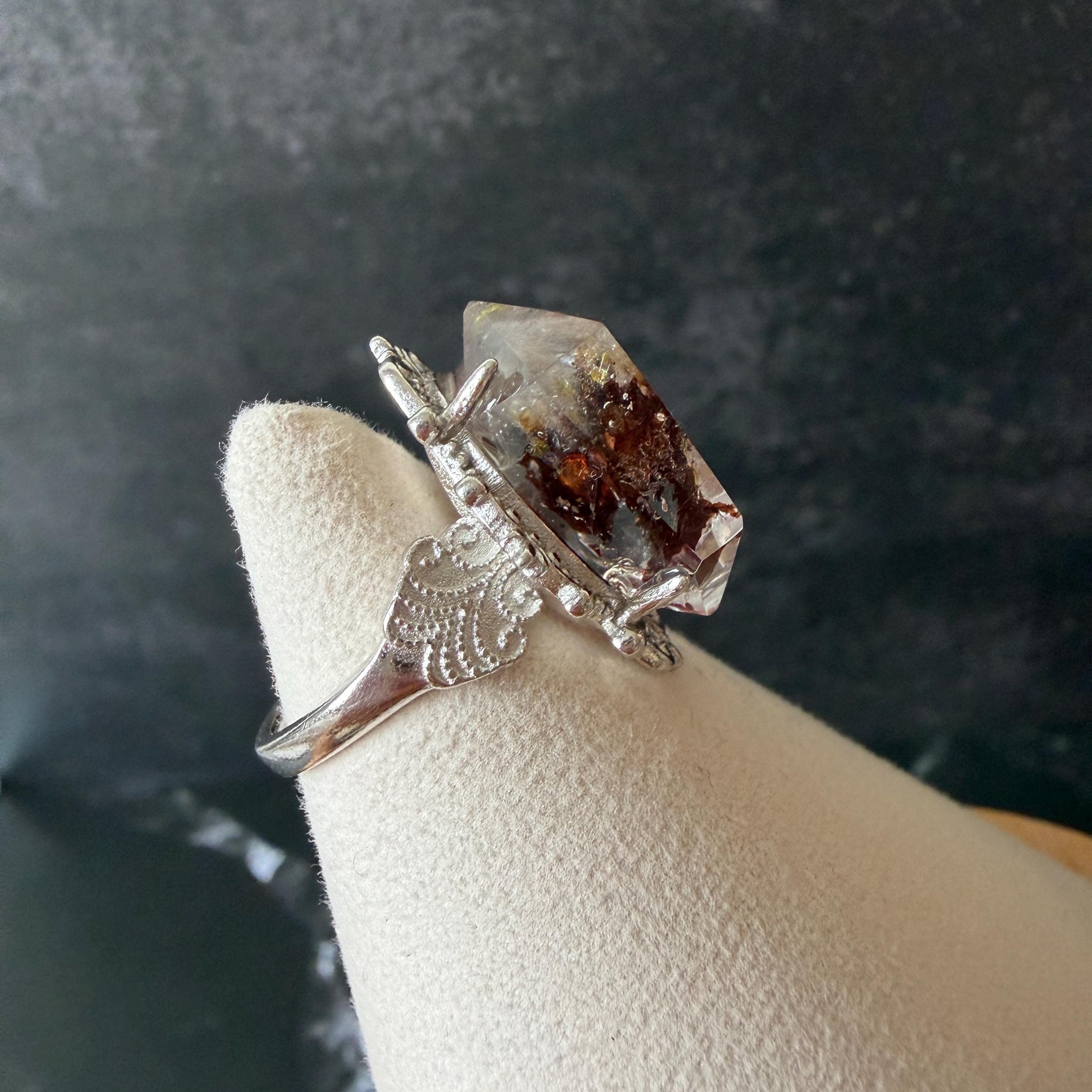 Polished Petroleum Enhydro Quartz S925 Sliver Adjustable Statement Ring: Moving Bubble in Golden Red Petroleum Oil Inclusion | Natural Gemstone Birthstone Gift for her golden red oil enhydro quartz cocktail ring for women bold ring for men meditation rock healing stone chakra crystal big size ring crystal band ring herkimer diamond silver ring