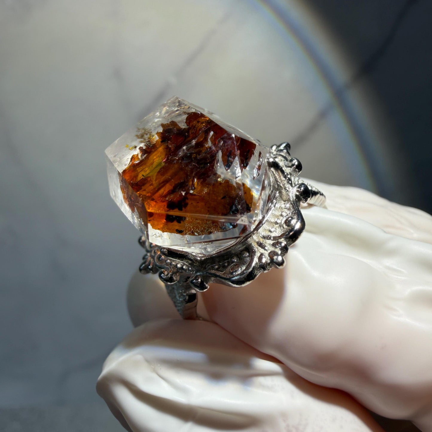 Polished Petroleum Enhydro Quartz S925 Sliver Adjustable Statement Ring: Moving Bubble in Golden Red Petroleum Oil Inclusion | Natural Gemstone Birthstone Gift for her golden red oil enhydro quartz cocktail ring for women bold ring for men meditation rock healing stone chakra crystal big size ring crystal band ring herkimer diamond silver ring