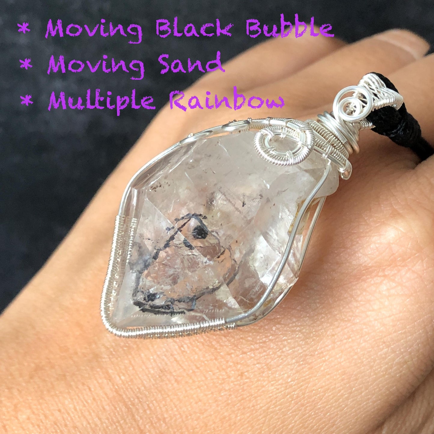 Raw Enhydro Quartz (Herkimer Diamond) Wire Wrapped Pendant Adjustable Necklace | Rainbow! Moving Sand & Black Bubble | Natural Gemstone Birthstone Gift for her  | Rainbow Quartz Rainbow crystal enhydro quartz sand water-fall pendant necklace choker gemstone charm stone pendant choker polished stone pendant crystal charm birthstone gift for her men necklace chakra crystal purify stone minerals specimen adjustable choker mica quartz mica flakes silver wire wrapped pendant