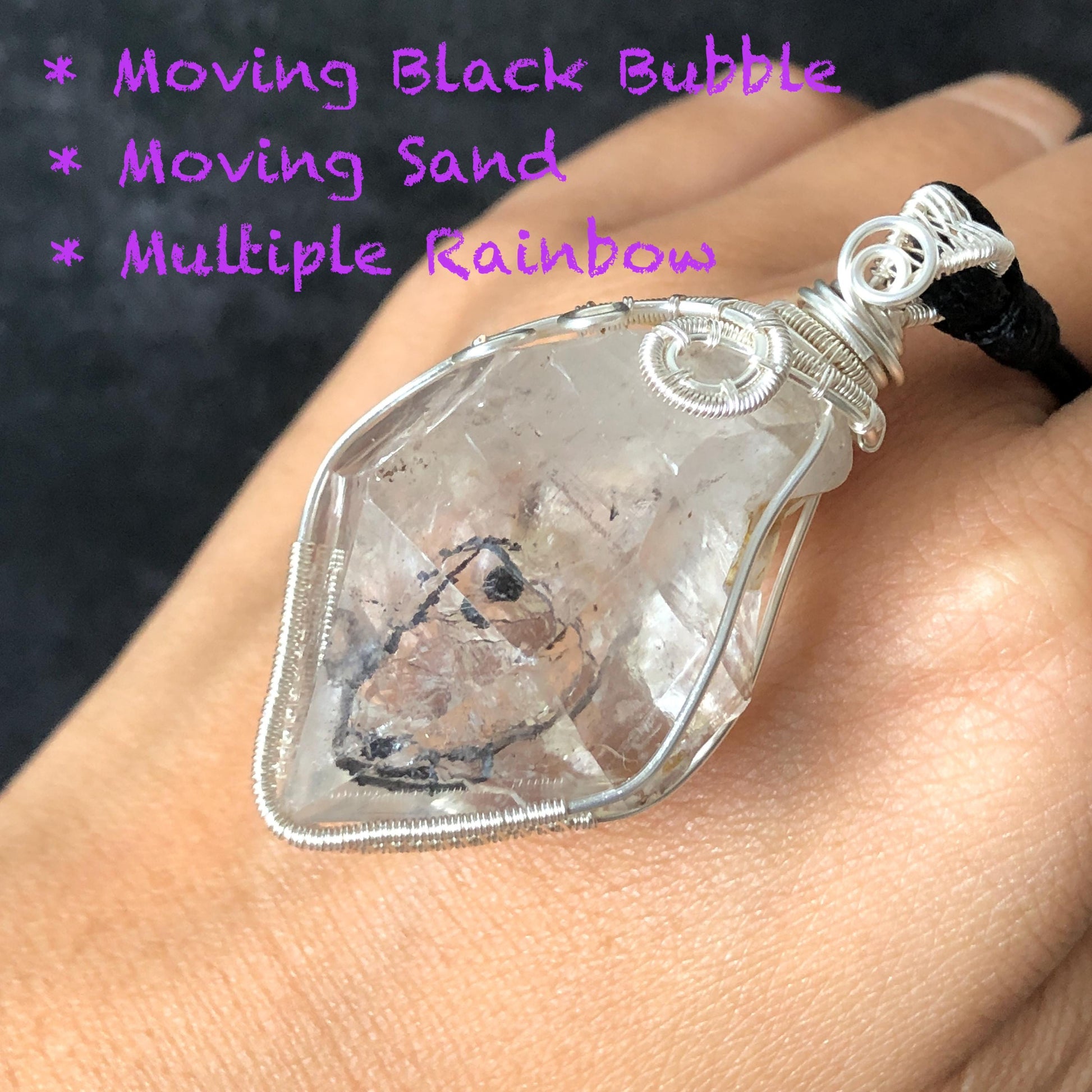 Raw Enhydro Quartz (Herkimer Diamond) Wire Wrapped Pendant Adjustable Necklace | Rainbow! Moving Sand & Black Bubble | Natural Gemstone Birthstone Gift for her  | Rainbow Quartz Rainbow crystal enhydro quartz sand water-fall pendant necklace choker gemstone charm stone pendant choker polished stone pendant crystal charm birthstone gift for her men necklace chakra crystal purify stone minerals specimen adjustable choker mica quartz mica flakes silver wire wrapped pendant