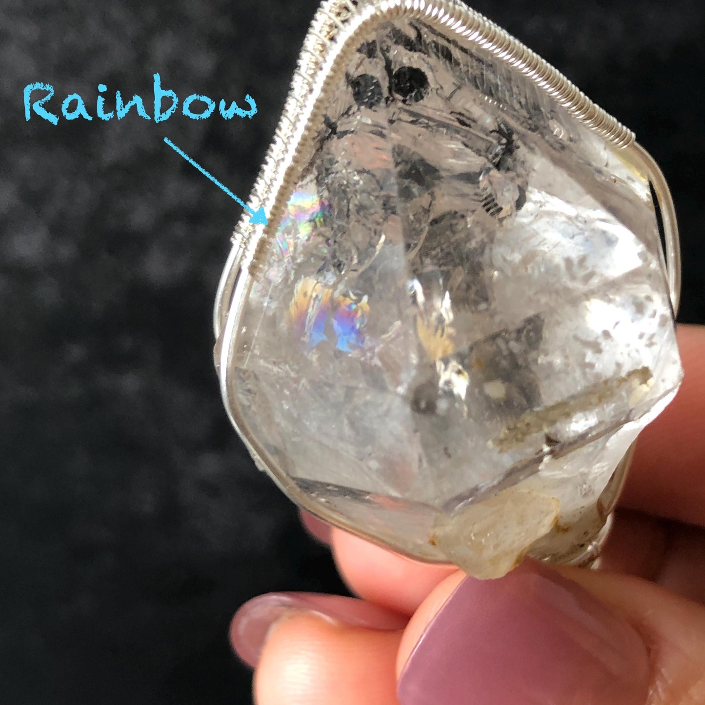 Raw Enhydro Quartz (Herkimer Diamond) Wire Wrapped Pendant Adjustable Necklace | Rainbow! Moving Sand & Black Bubble | Natural Gemstone Birthstone Gift for her  | Rainbow Quartz Rainbow crystal enhydro quartz sand water-fall pendant necklace choker gemstone charm stone pendant choker polished stone pendant crystal charm birthstone gift for her men necklace chakra crystal purify stone minerals specimen adjustable choker mica quartz mica flakes silver wire wrapped pendant