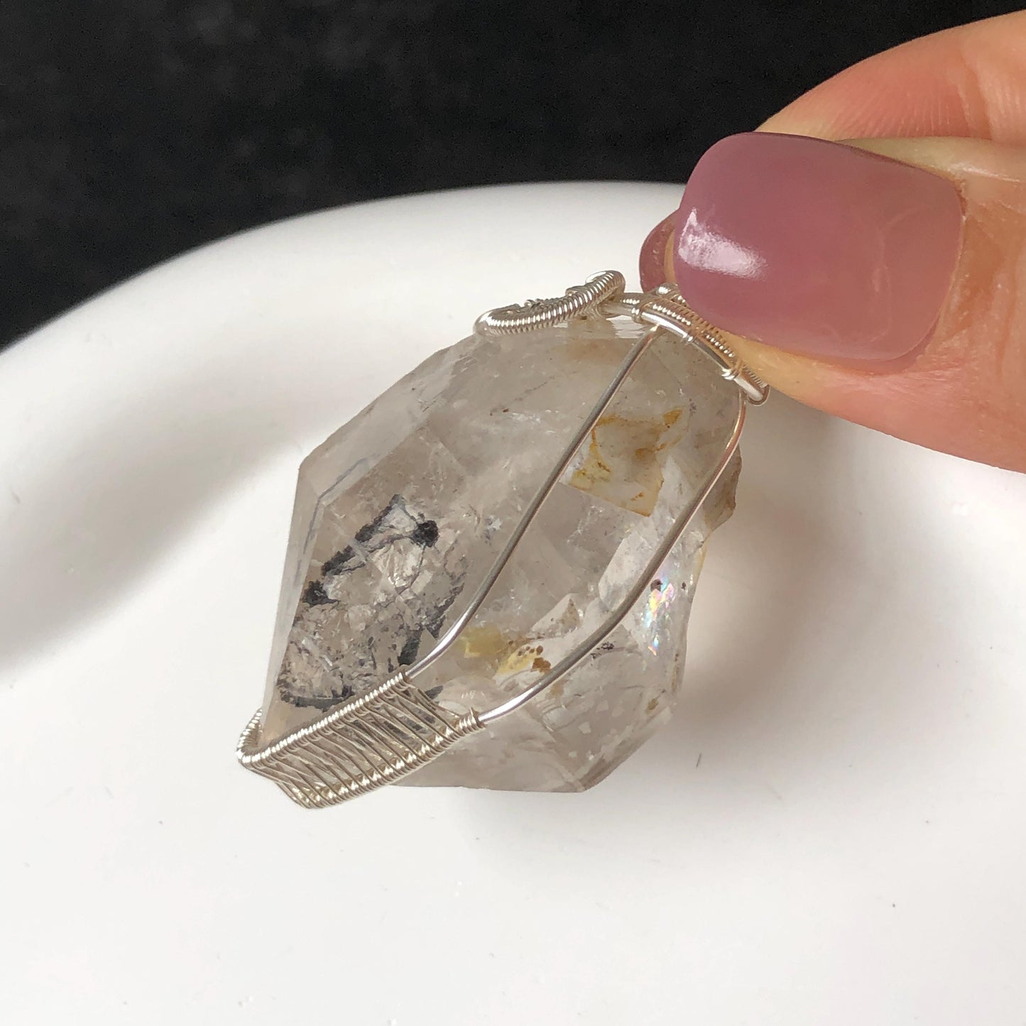 Raw Enhydro Quartz (Herkimer Diamond) Wire Wrapped Pendant Adjustable Necklace | Rainbow! Moving Sand & Black Bubble | Natural Gemstone Birthstone Gift for her  | Rainbow Quartz Rainbow crystal enhydro quartz sand water-fall pendant necklace choker gemstone charm stone pendant choker polished stone pendant crystal charm birthstone gift for her men necklace chakra crystal purify stone minerals specimen adjustable choker mica quartz mica flakes silver wire wrapped pendant