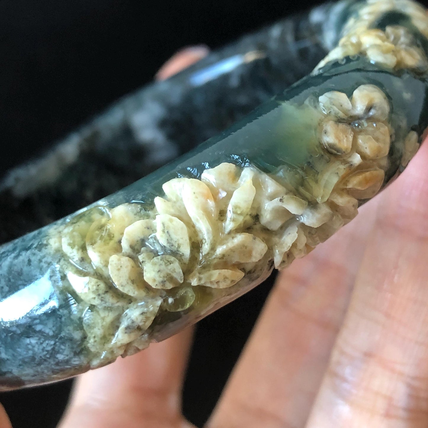 56.5mm Xiu Jade Serpentine Hand Carved Peony Flowers Bangle: Natural Black Blue Brown Jade Handcrafted Bracelet, Stone Carving Gemstone Jewelry
Gift for her wide jade bangle jade carving hand engraved stone carving natural untreated jade bracelet black jade blue jade brown jade handcraft jade peony carving flower carving chinese jade vintage bangle antique bracelet