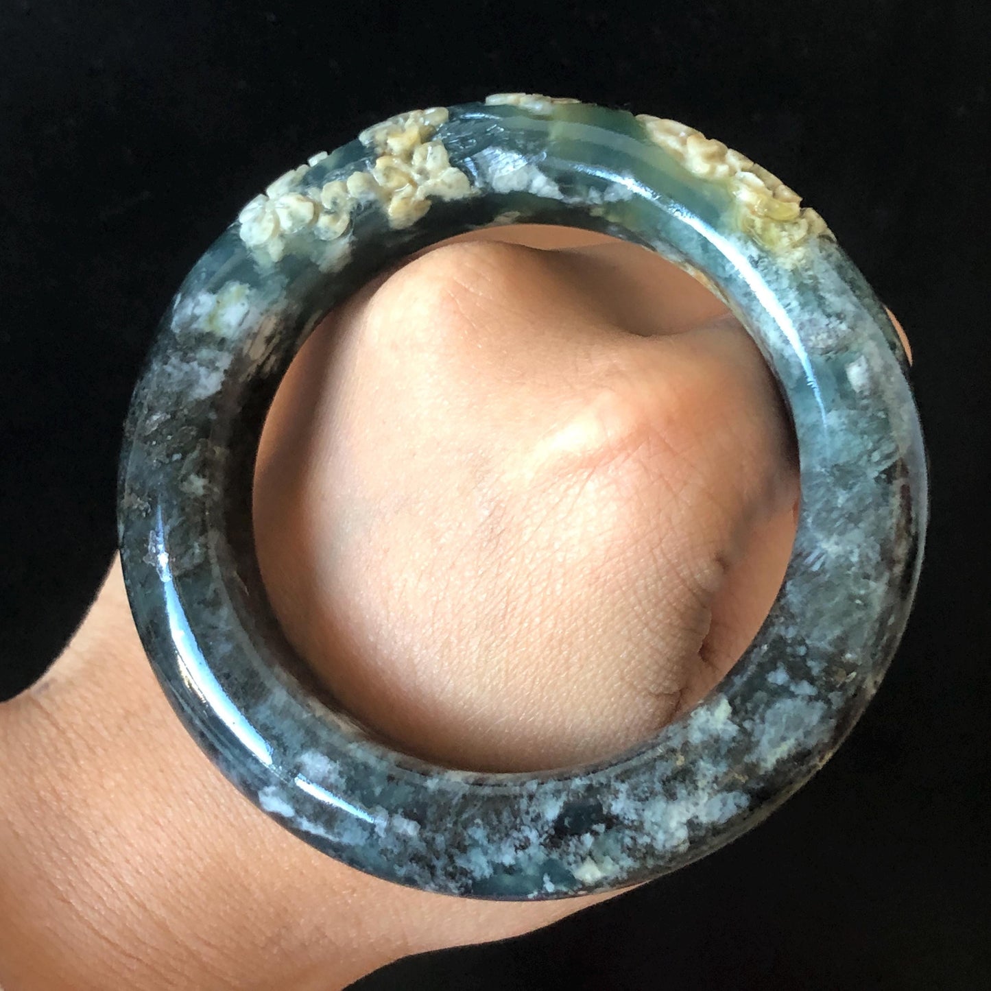 56.5mm Xiu Jade Serpentine Hand Carved Peony Flowers Bangle: Natural Black Blue Brown Jade Handcrafted Bracelet, Stone Carving Gemstone Jewelry
Gift for her wide jade bangle jade carving hand engraved stone carving natural untreated jade bracelet black jade blue jade brown jade handcraft jade peony carving flower carving chinese jade vintage bangle antique bracelet