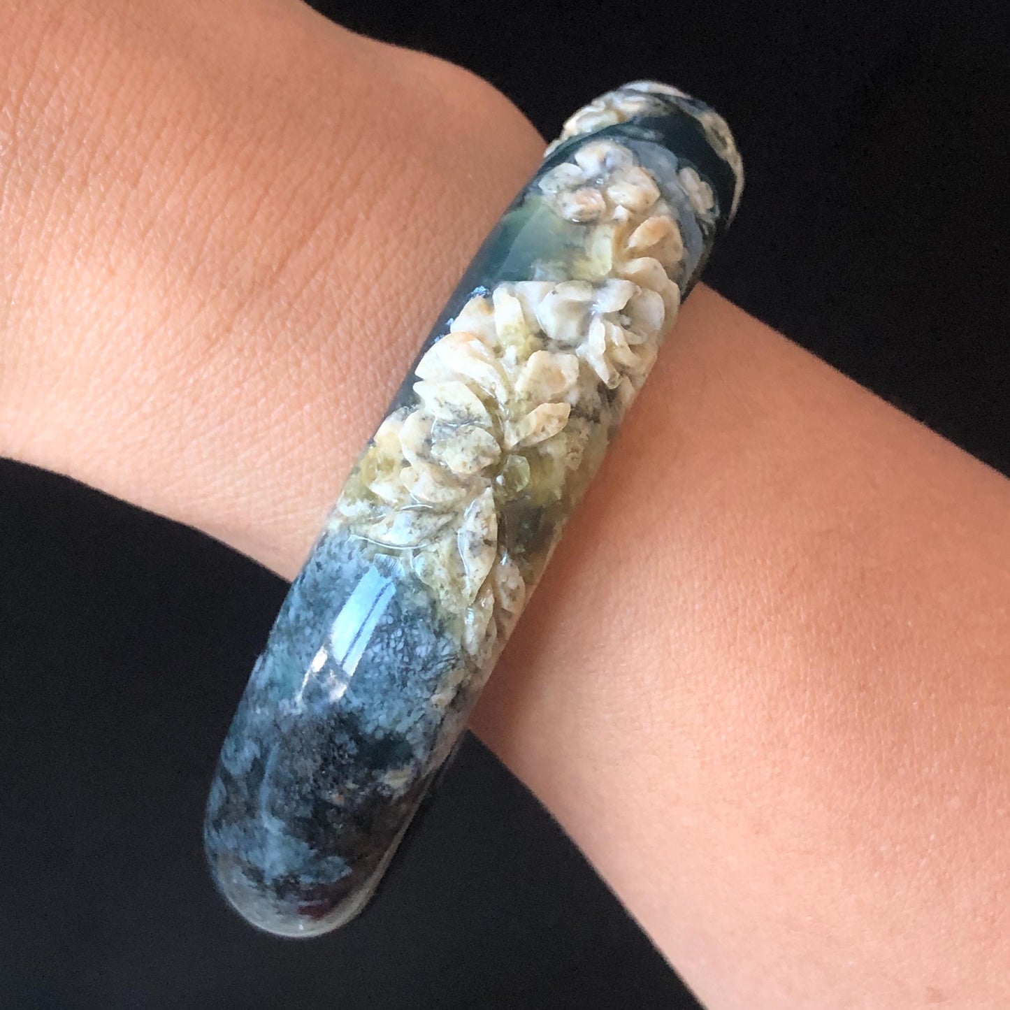 56.5mm Xiu Jade Serpentine Hand Carved Peony Flowers Bangle: Natural Black Blue Brown Jade Handcrafted Bracelet, Stone Carving Gemstone Jewelry
Gift for her wide jade bangle jade carving hand engraved stone carving natural untreated jade bracelet black jade blue jade brown jade handcraft jade peony carving flower carving chinese jade vintage bangle antique bracelet