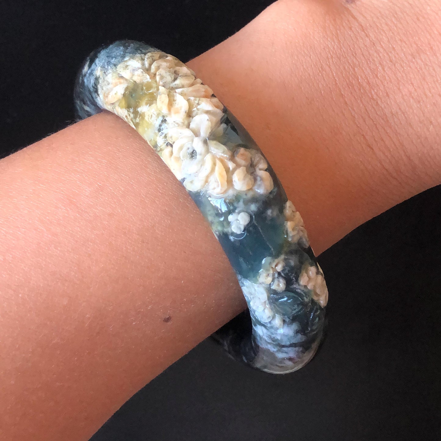 56.5mm Xiu Jade Serpentine Hand Carved Peony Flowers Bangle: Natural Black Blue Brown Jade Handcrafted Bracelet, Stone Carving Jewelry