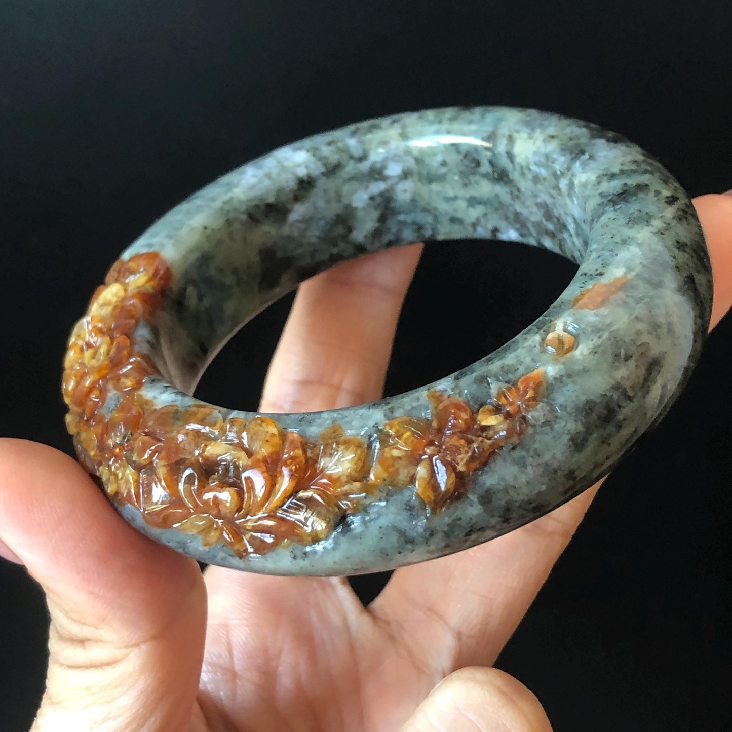 54.5mm Xiu Jade Serpentine Hand Carved Brown Peony Flowers Bangle: Natural Greenish Blue Jade Handcrafted Bracelet, Stone Carving Gemstone Jewelry
Gift for her wide jade bangle jade carving hand engraved stone carving natural untreated jade bracelet green jade blue jade brown jade handcraft jade peony carving flower carving chinese jade vintage bangle antique bracelet