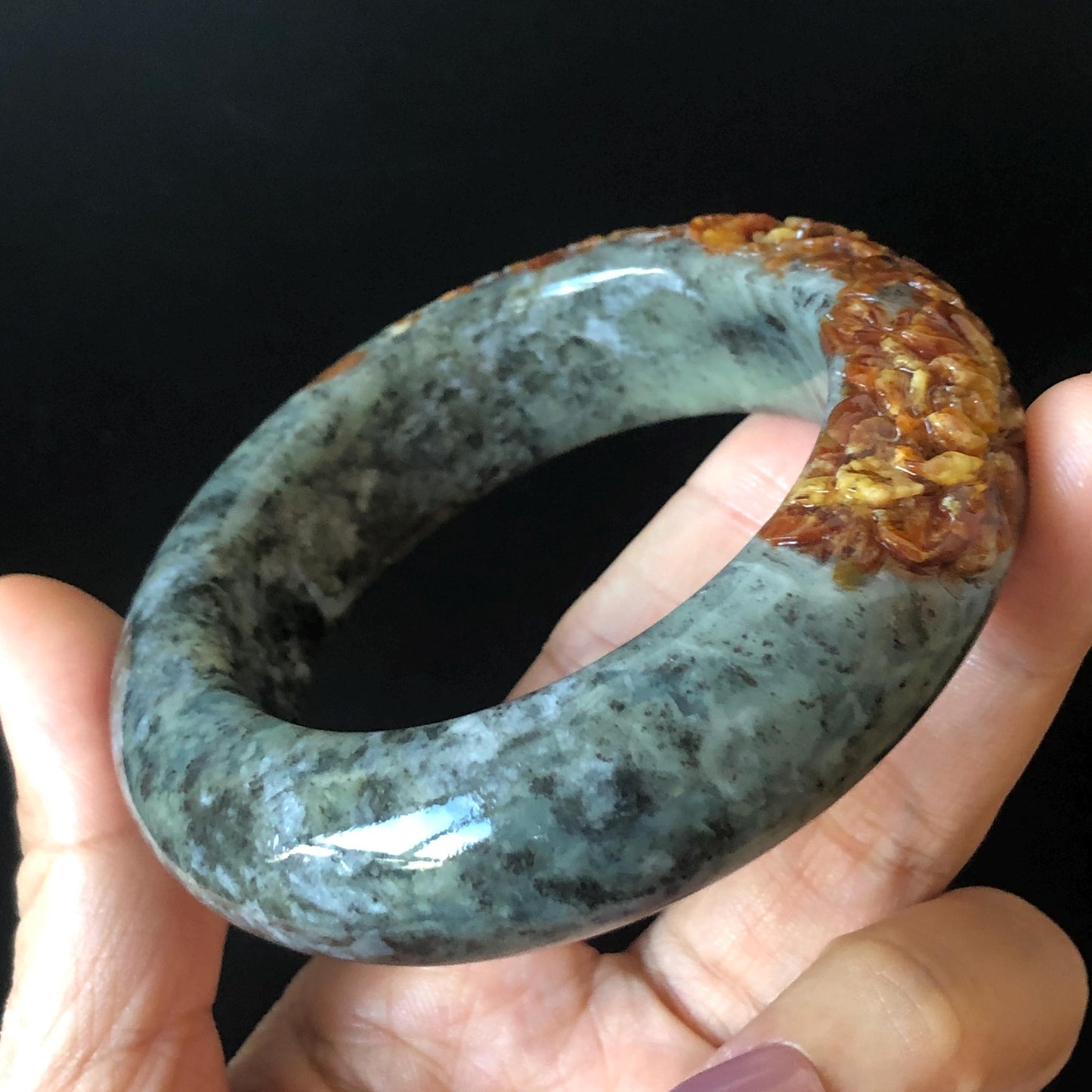 54.5mm Xiu Jade Serpentine Hand Carved Brown Peony Flowers Bangle: Natural Greenish Blue Jade Handcrafted Bracelet, Stone Carving Gemstone Jewelry
Gift for her wide jade bangle jade carving hand engraved stone carving natural untreated jade bracelet green jade blue jade brown jade handcraft jade peony carving flower carving chinese jade vintage bangle antique bracelet