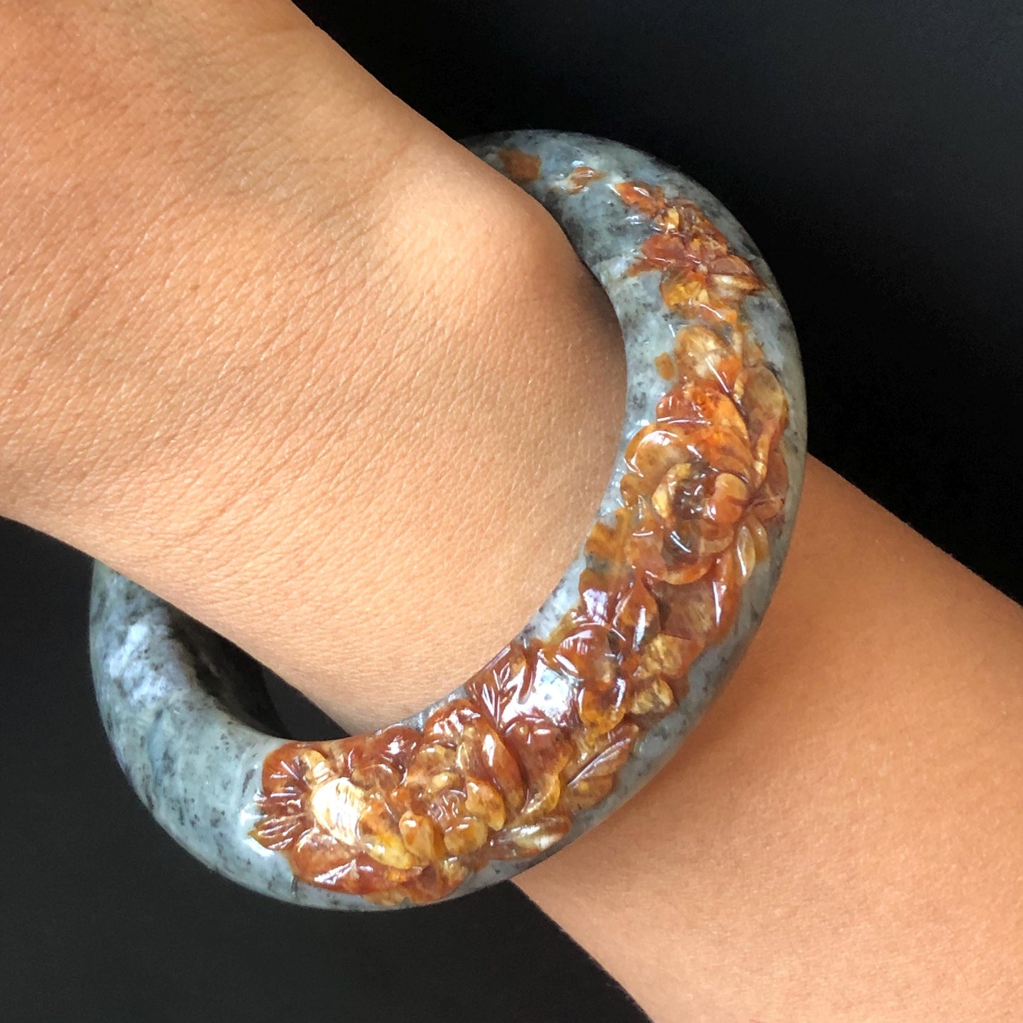 54.5mm Xiu Jade Serpentine Hand Carved Brown Peony Flowers Bangle: Natural Greenish Blue Jade Handcrafted Bracelet, Stone Carving Gemstone Jewelry
Gift for her wide jade bangle jade carving hand engraved stone carving natural untreated jade bracelet green jade blue jade brown jade handcraft jade peony carving flower carving chinese jade vintage bangle antique bracelet