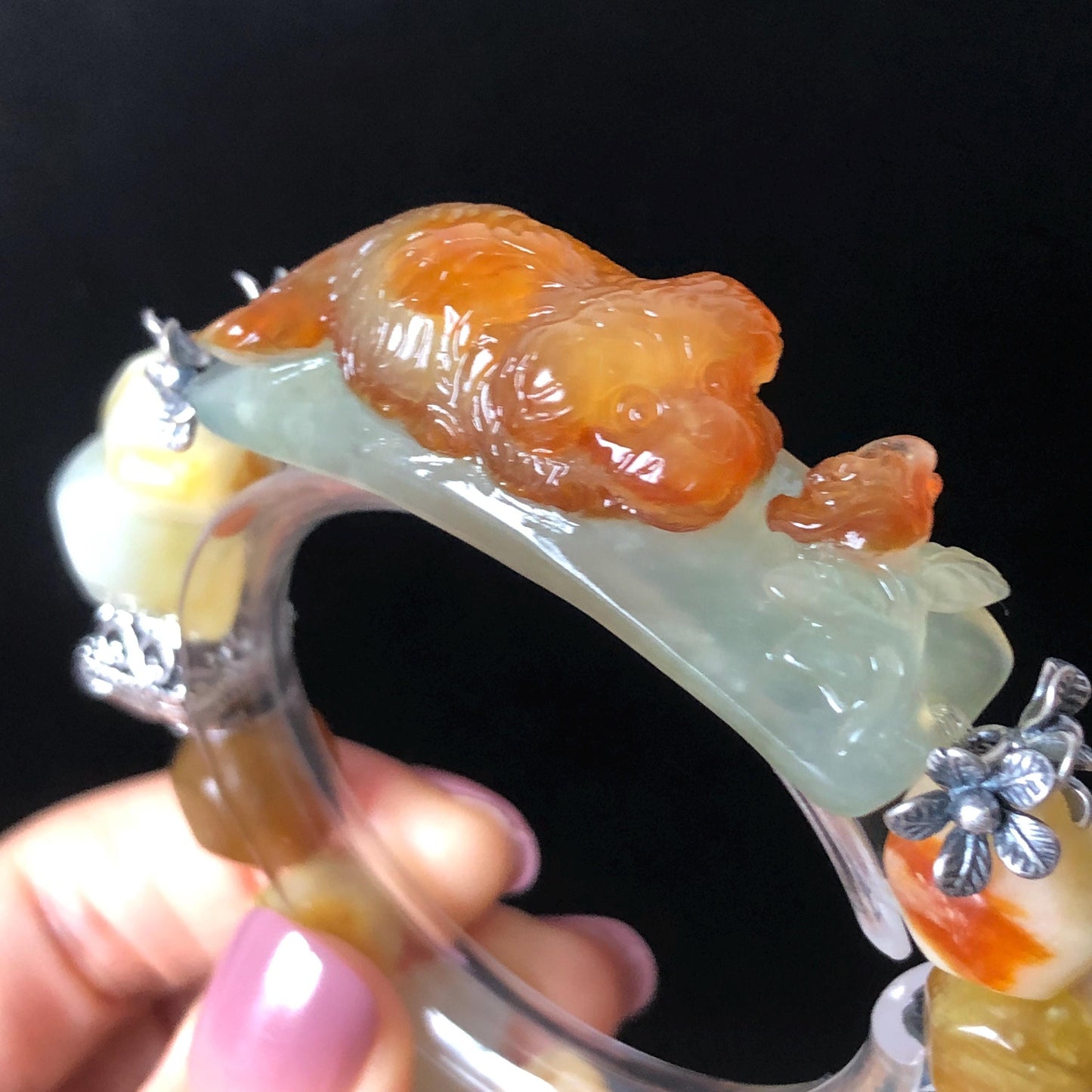 Natural Xiu Jade Serpentine Hand Carved Dog Puppy with Rose Charm with Irregular Bead Bracelet: Handcrafted Caramel Yellow & White Jade Beads with Vintage Tibetan Silver Accessory| Crystal Stone Gemstone Gift for her Multi-coloured Jade customised bracelet hand engraved jade bracelet carved charm carved pendant dog carving puppy bracelet yellow jade brown jade white jade red jade silver bracelet tailor made bracelet personalised diy bracelet untreated jade elastic stretch bracelet dog lover gift