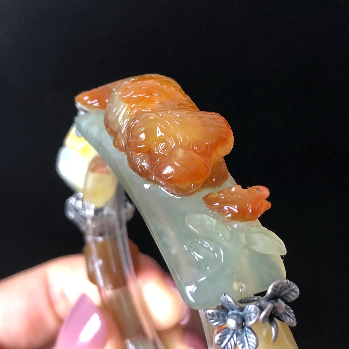 Natural Xiu Jade Serpentine Hand Carved Dog Puppy with Rose Charm with Irregular Bead Bracelet: Handcrafted Caramel Yellow & White Jade Beads with Vintage Tibetan Silver Accessory| Crystal Stone Gemstone Gift for her Multi-coloured Jade customised bracelet hand engraved jade bracelet carved charm carved pendant dog carving puppy bracelet yellow jade brown jade white jade red jade silver bracelet tailor made bracelet personalised diy bracelet untreated jade elastic stretch bracelet dog lover gift
