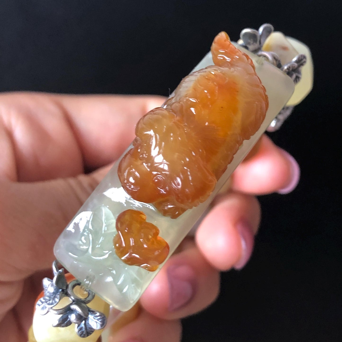 Natural Xiu Jade Serpentine Hand Carved Dog Puppy with Rose Charm with Irregular Bead Bracelet: Handcrafted Caramel Yellow & White Jade Beads with Vintage Tibetan Silver Accessory| Crystal Stone Gemstone Gift for her Multi-coloured Jade customised bracelet hand engraved jade bracelet carved charm carved pendant dog carving puppy bracelet yellow jade brown jade white jade red jade silver bracelet tailor made bracelet personalised diy bracelet untreated jade elastic stretch bracelet dog lover gift