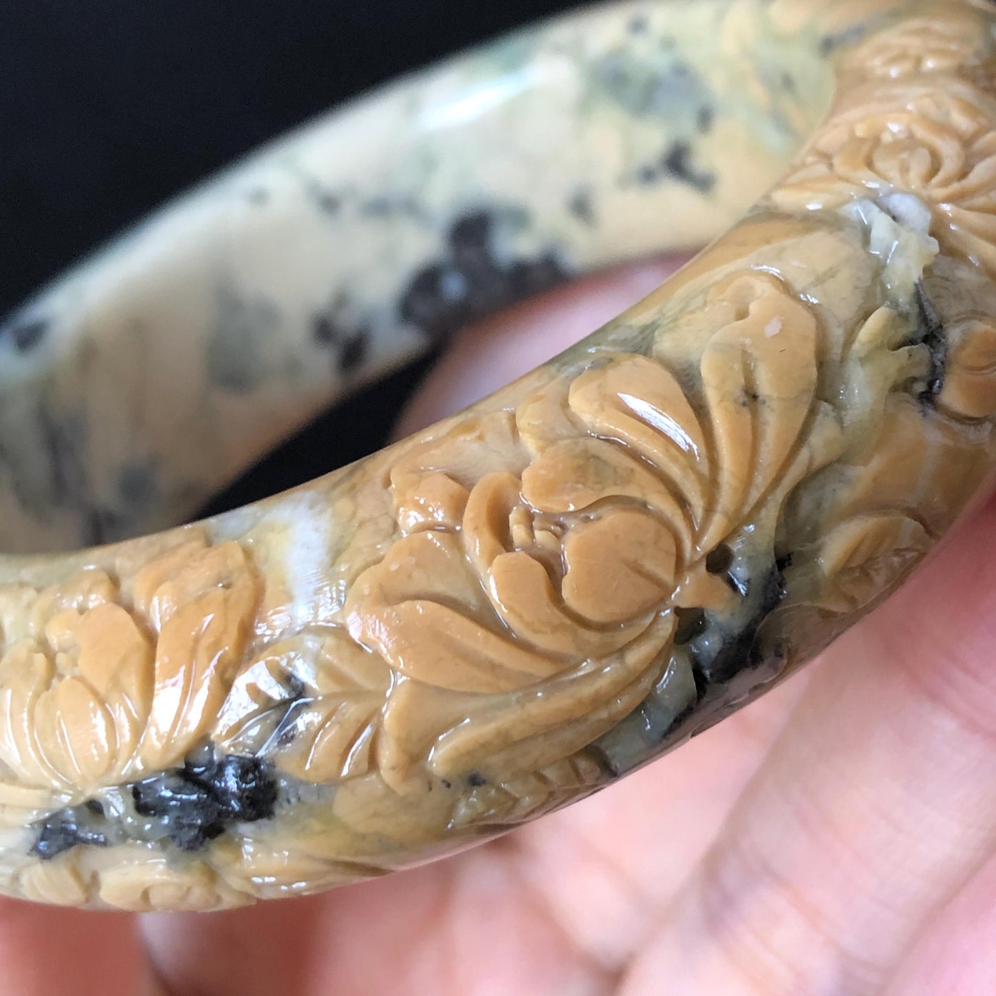 54.7mm Xiu Jade Serpentine Hand Carved Peony Flowers & Bird Jade Bangle: Natural Yellow Green Jade Handcrafted Bracelet, Stone Carving Gemstone Jewelry Gift for her wide jade bangle jade carving hand engraved stone carving natural untreated jade bracelet green jade yellow jade handcraft jade peony carving flower carving chinese jade vintage bangle antique bracelet bird carving bird lover gift