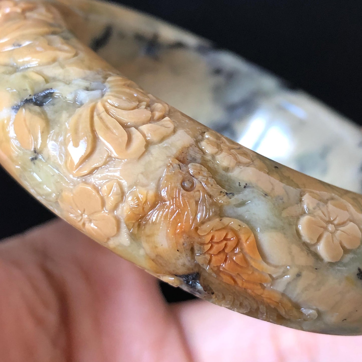 54.7mm Xiu Jade Serpentine Hand Carved Peony Flowers & Bird Jade Bangle: Natural Yellow Green Jade Handcrafted Bracelet, Stone Carving Gemstone Jewelry Gift for her wide jade bangle jade carving hand engraved stone carving natural untreated jade bracelet green jade yellow jade handcraft jade peony carving flower carving chinese jade vintage bangle antique bracelet bird carving bird lover gift