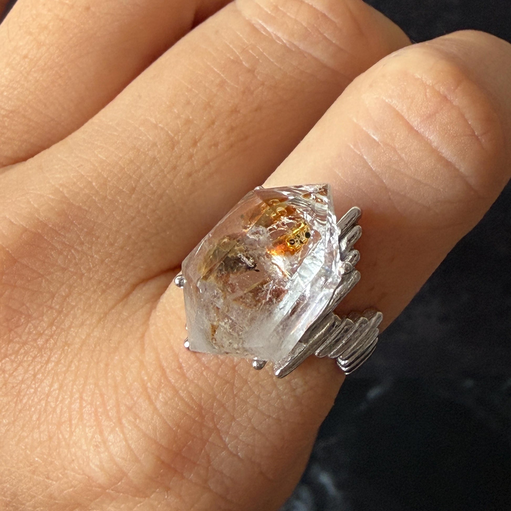 Polished Petroleum Enhydro Quartz S925 Sliver Adjustable Statement Ring: two Moving Bubble in Golden Red Petroleum Oil Inclusion | Natural Gemstone Birthstone Gift for her golden red oil enhydro quartz cocktail ring for women bold ring for men meditation rock healing stone chakra crystal big size ring crystal band ring herkimer diamond silver ring