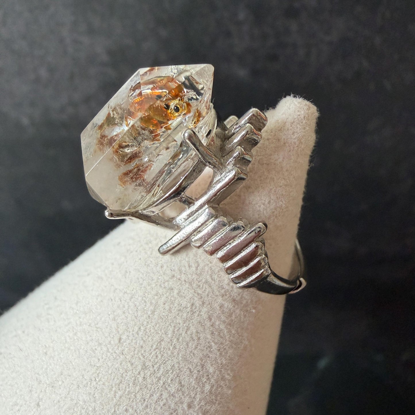 Polished Petroleum Enhydro Quartz S925 Sliver Adjustable Statement Ring: two Moving Bubble in Golden Red Petroleum Oil Inclusion | Natural Gemstone Birthstone Gift for her golden red oil enhydro quartz cocktail ring for women bold ring for men meditation rock healing stone chakra crystal big size ring crystal band ring herkimer diamond silver ring
