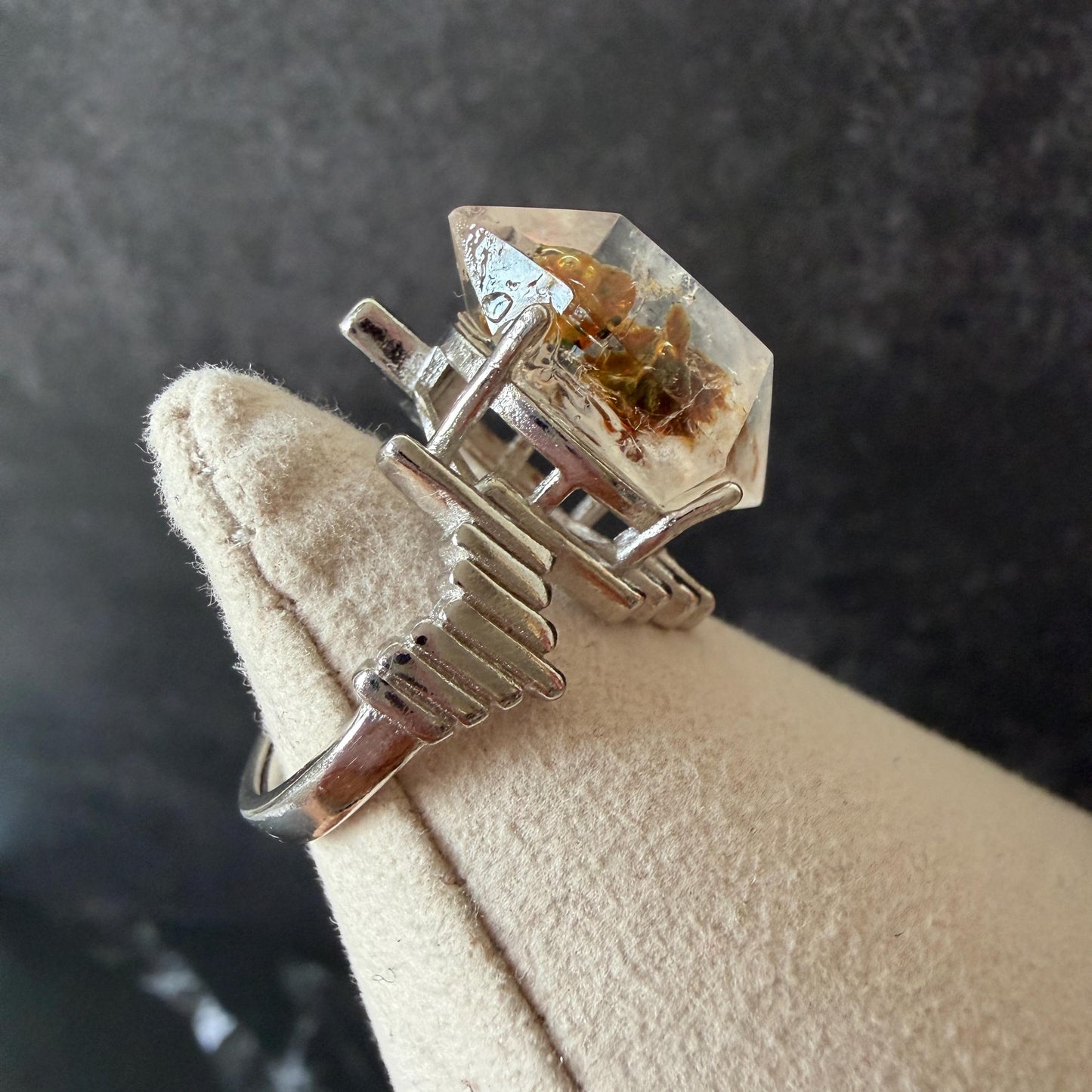 Polished Petroleum Enhydro Quartz S925 Sliver Adjustable Statement Ring: two Moving Bubble in Golden Red Petroleum Oil Inclusion | Natural Gemstone Birthstone Gift for her golden red oil enhydro quartz cocktail ring for women bold ring for men meditation rock healing stone chakra crystal big size ring crystal band ring herkimer diamond silver ring