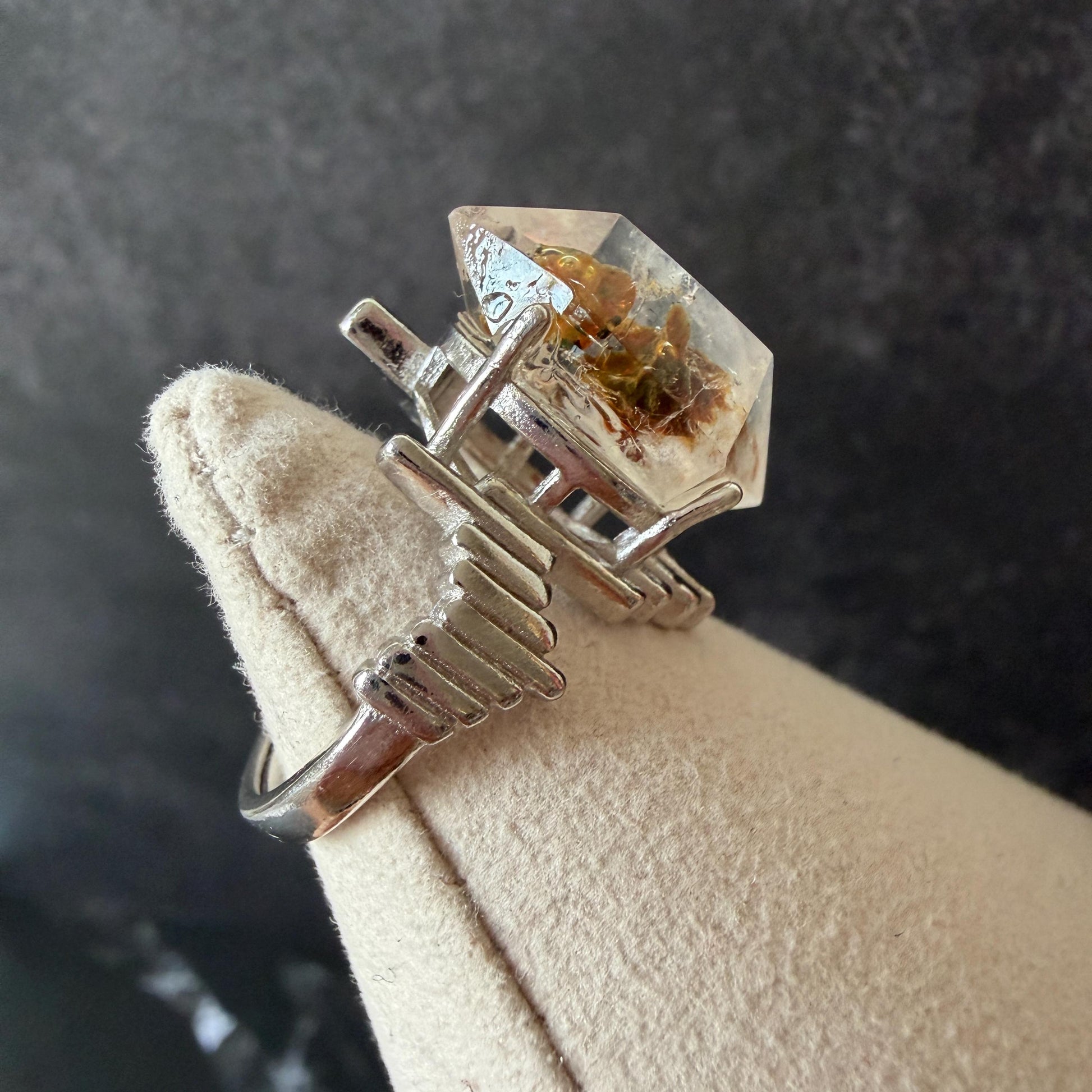 Polished Petroleum Enhydro Quartz S925 Sliver Adjustable Statement Ring: two Moving Bubble in Golden Red Petroleum Oil Inclusion | Natural Gemstone Birthstone Gift for her golden red oil enhydro quartz cocktail ring for women bold ring for men meditation rock healing stone chakra crystal big size ring crystal band ring herkimer diamond silver ring